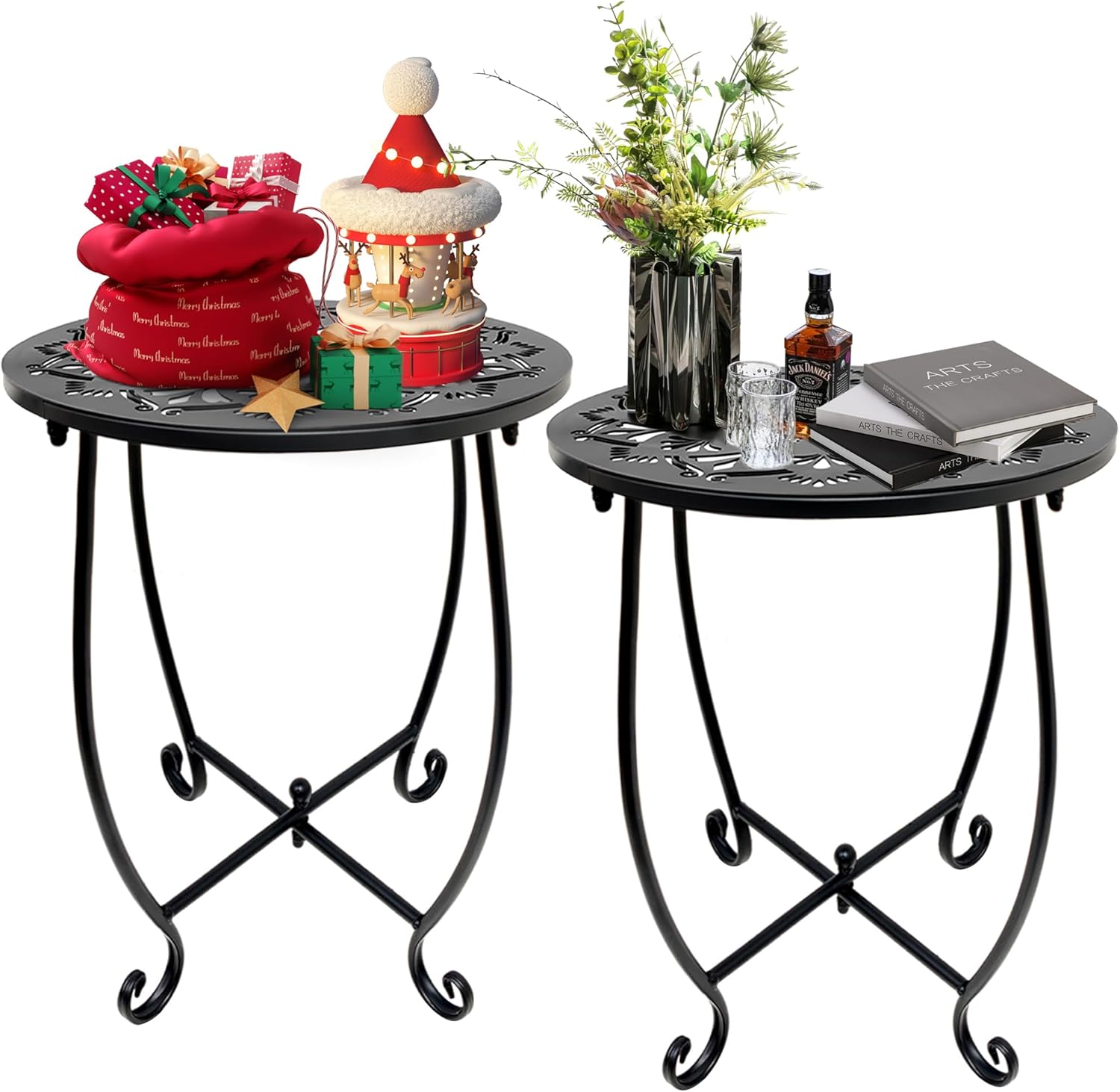 Fashion&cool 2 Pack Outdoor Side Tables, 14″ Round Patio Side Table, Weather Resistant Metal Outdoor End Table Side Table for Patio Yard Porch Balcony Garden Bedside, Plant Stand for Indoor Outdoor