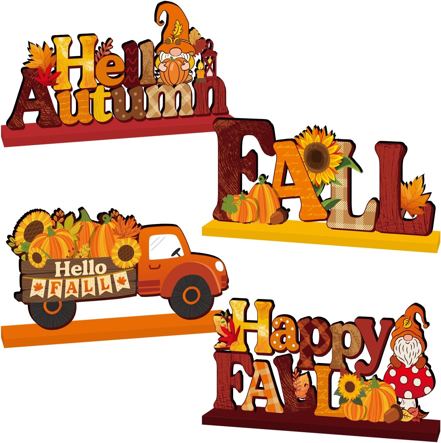 4Pcs Fall Decorations, Autumn Wooden Table Centerpieces Pumpkin Truck Sunflower Maple Gnomes Style Fall Table Decor for Autumn Harvest Thanksgiving Decorations