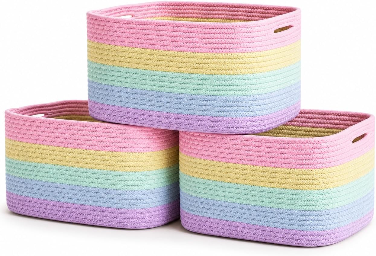 OrganiHaus Rainbow Baskets for Shelves, Set of 3, 15x9x10 | Set of 3, colorful cotton rope, holds its shape; no sharp edges; fits nursery, playroom, classroom