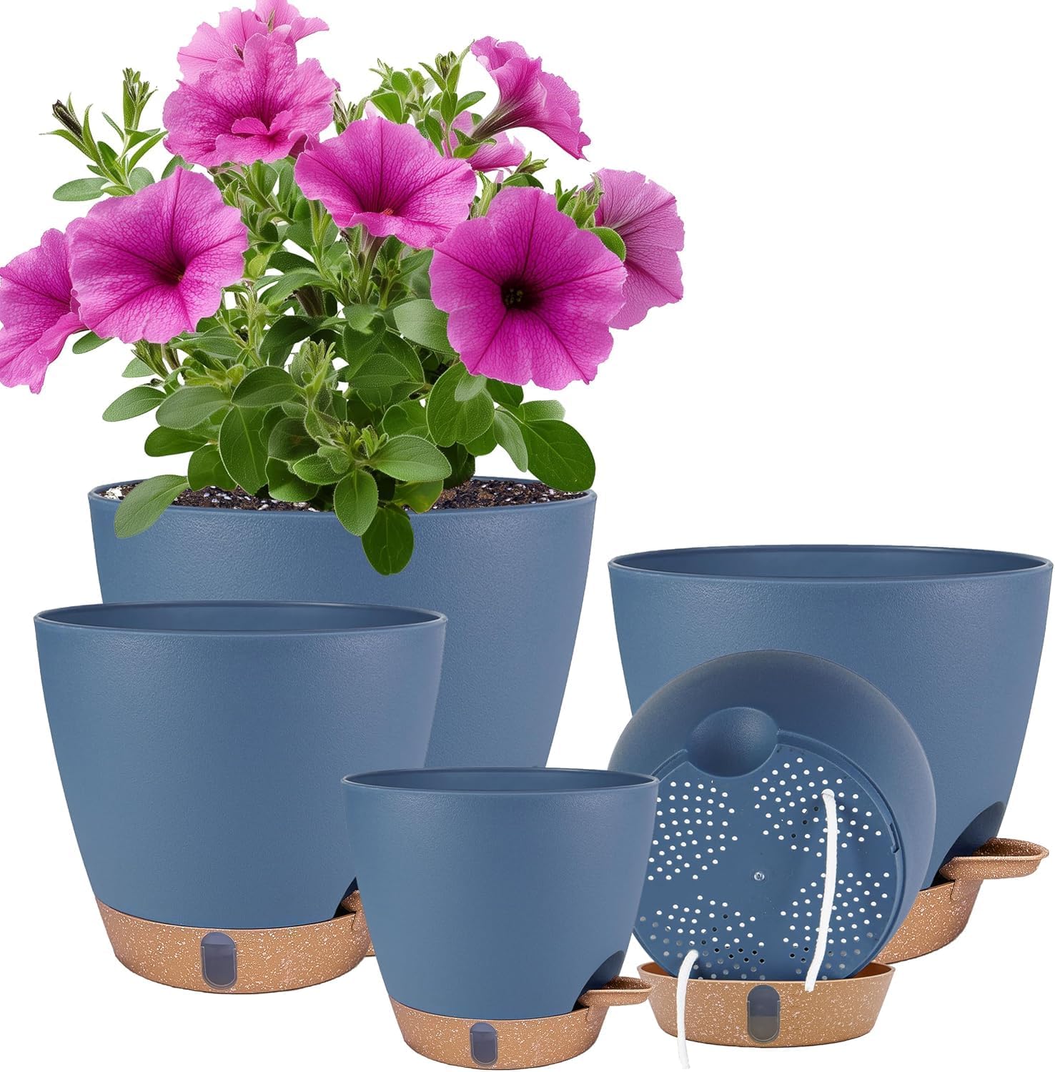 Self Watering Pots for Inoor Ourdoor Plants 8/7/6.5/6/5″ Plastic Planters | Drainage Holes & Water Level Indicator, Decorative House Flower Pots with Trays, Navy Blue