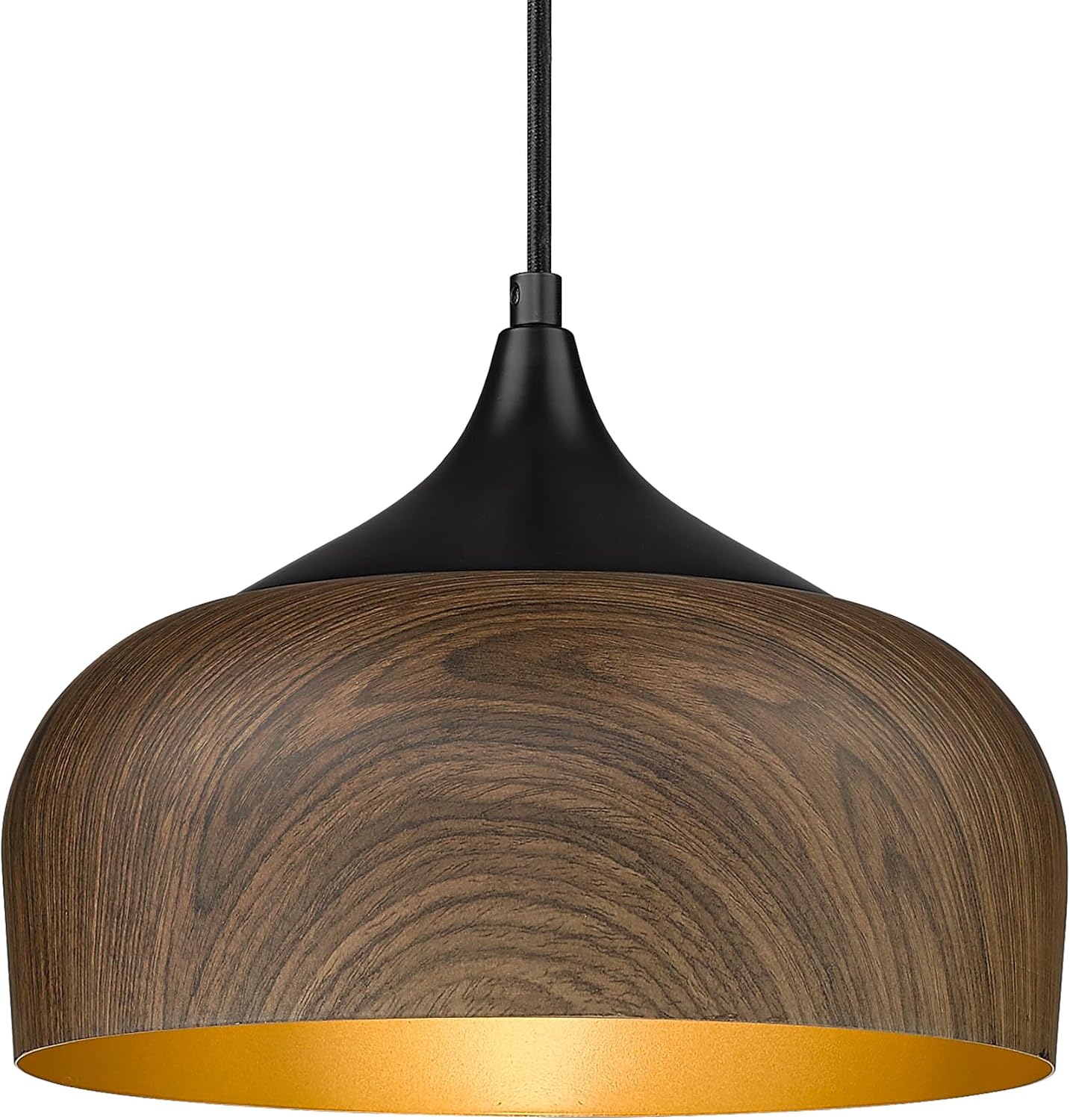 ELYONA Modern Bauhaus Pendant Light Walnut Wooden Pattern Dome Pendant Light Fixture Matte Black Metal Gold Inner Adjustable Hanging Lighting for Kitchen Island Dining Room Office Hallway Bedroom