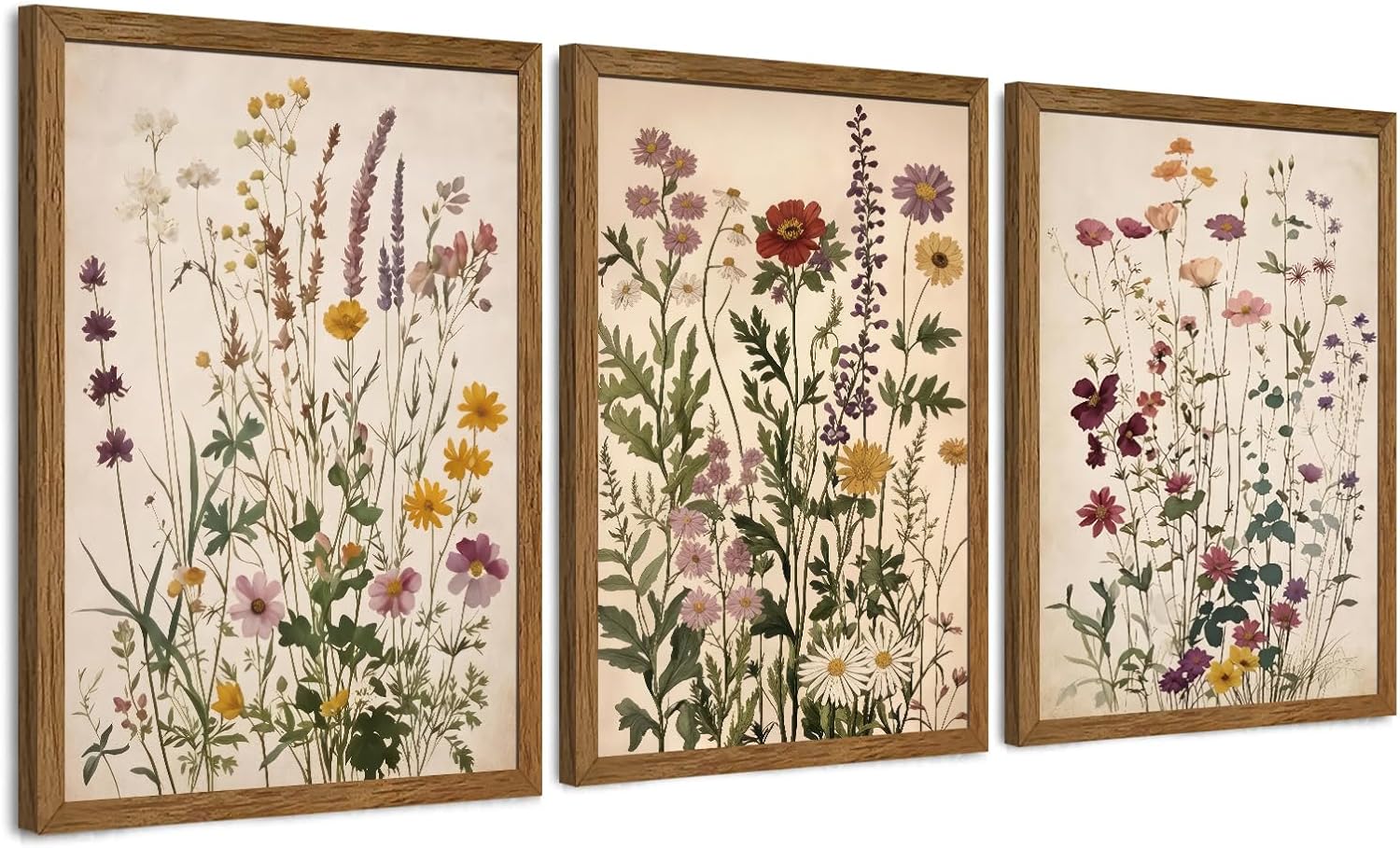 AVECCO 3 Piece Vintage Wildflower Botanical Framed Canvas Wall Art 12×16 in | Uv Fade-Resistant Ink, Giclée Print, Wooden Frame, Triptych Nature Floral Artwork, Ready to Hang, Living Room Bedroom Decor