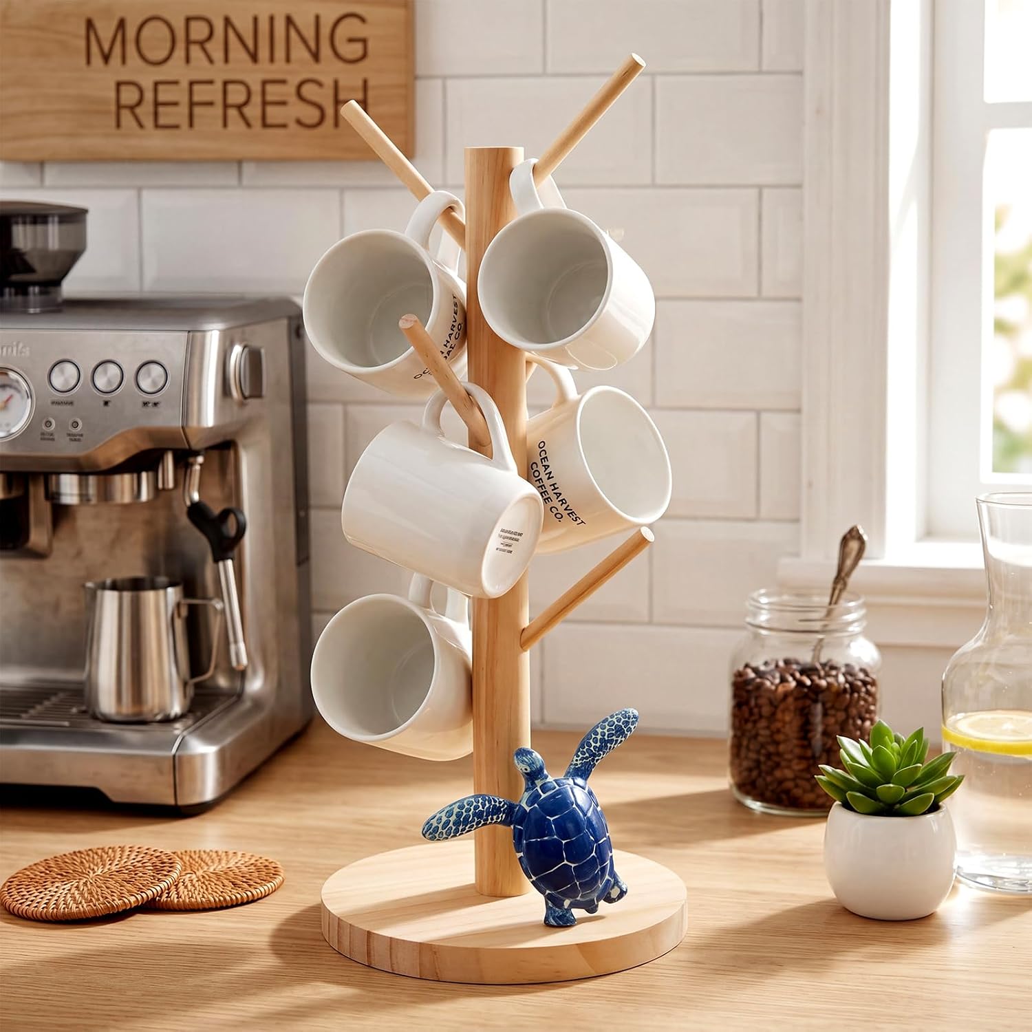 Gerrii Turtle Mug Holder Tree Coffee Cup Holder with 6 Hooks, Coastal Style | Turtle Style, Compact Size, Coffee Bar Accessories, Farmhouse Cup Racks, Wood, House Warming Gifts