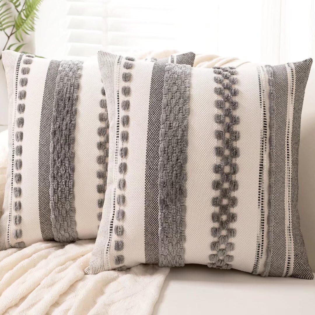 Boho Throw Pillow Covers 18×18 Set of 2 Farmhouse Decorative Cushion Case Striped Square Pillows Cover Chenille Pillow Cases Accent Neutral Pillowcase for Sofa Couch Bed,Gray
