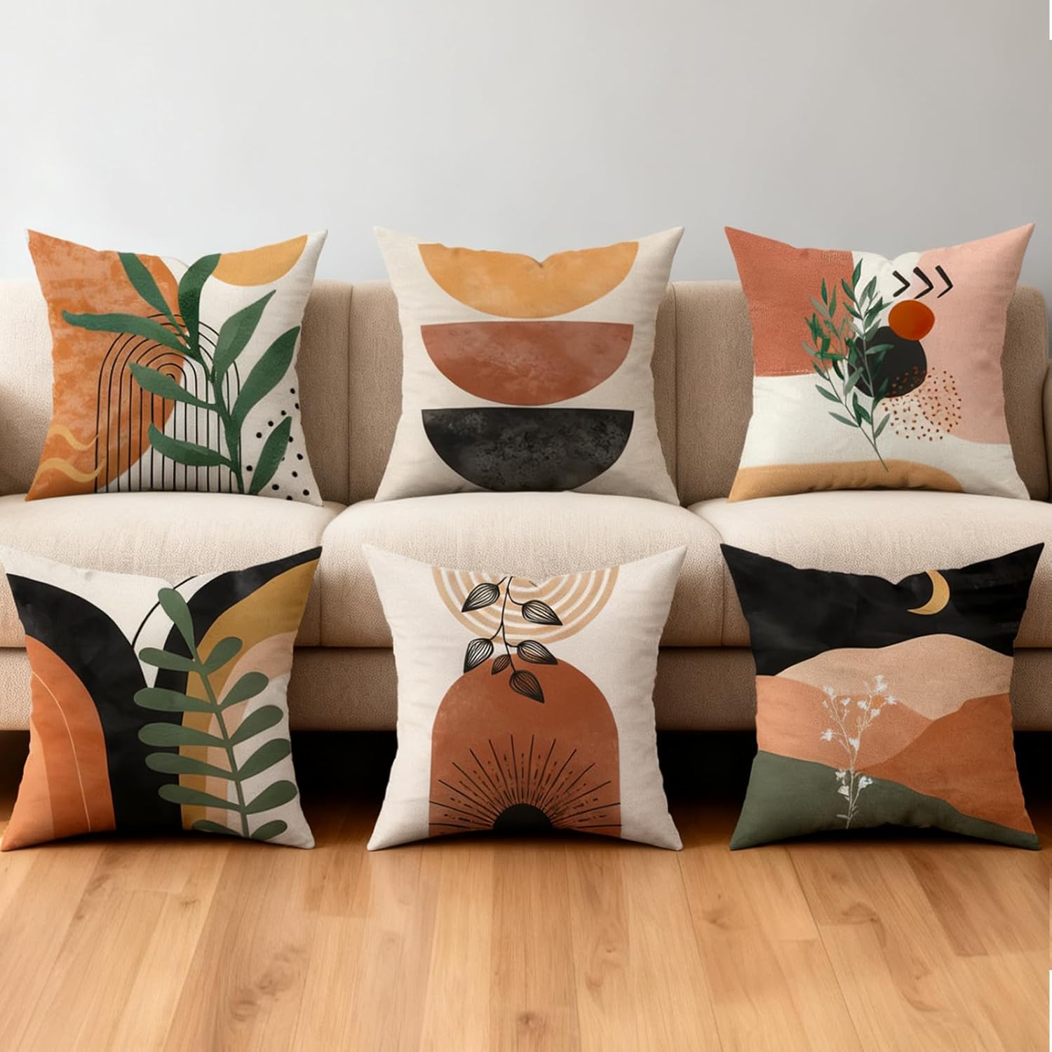 Boho Mid Century Modern Throw Pillow Covers Set of 6, Sun Moon Leaves Arch Abstract Home Decor Bohemian Decorative Cushion Covers 18″X18″