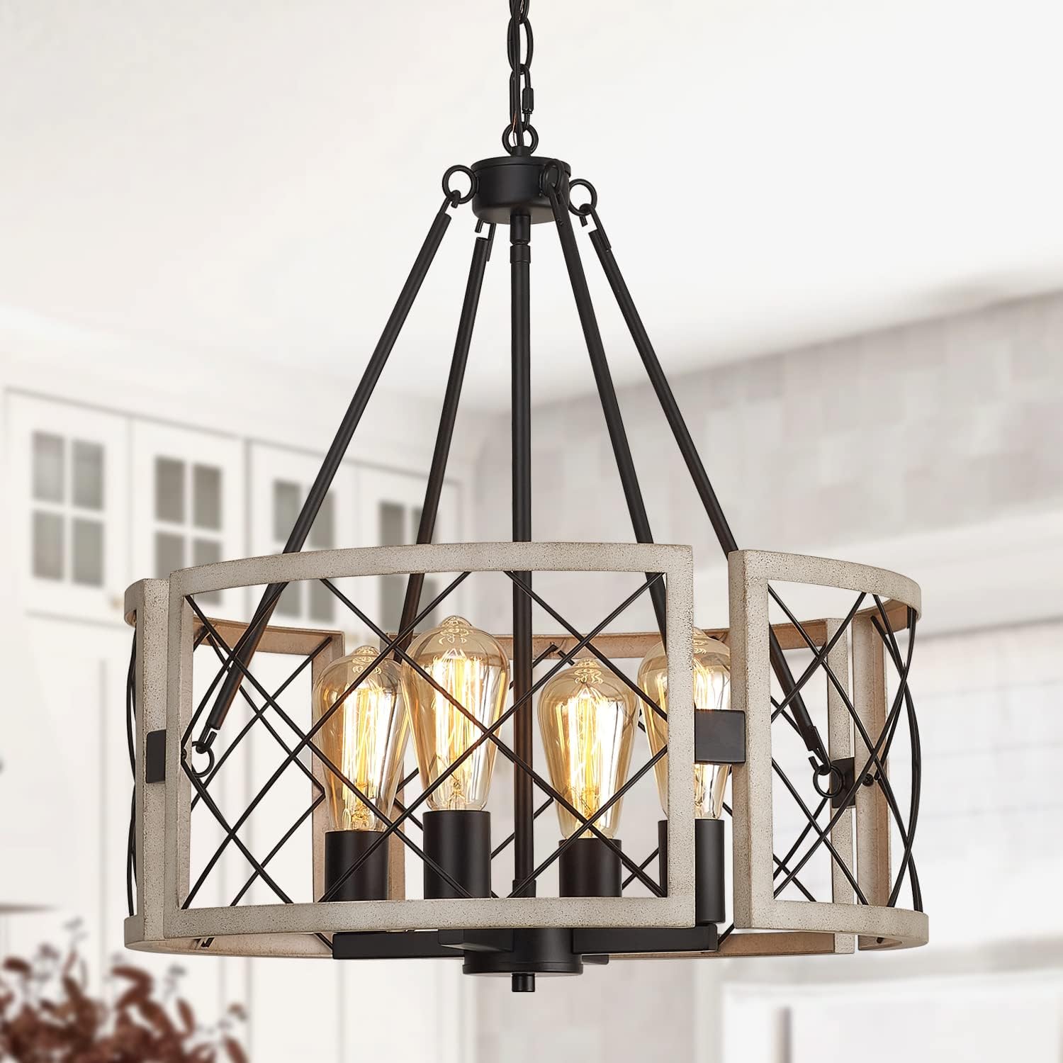 D19” Farmhouse Chandelier, 4-Light Adjustable Dining Room Light Fixture Kitchen Island Lighting, Rustic Hanging Lights for Entryway Foyer Bedroom Living Room, Black & White Oak