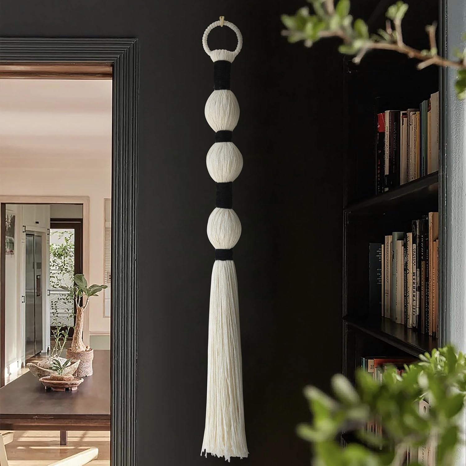 Macrame Wall Hanging Small Spherical Tassel Cotton Handmade Yarn Art 27″ | Small Wall Decor, Boho Style, Handmade Craft, Wedding Accent, Modern Home Style, Office Styling, Apartment Interior