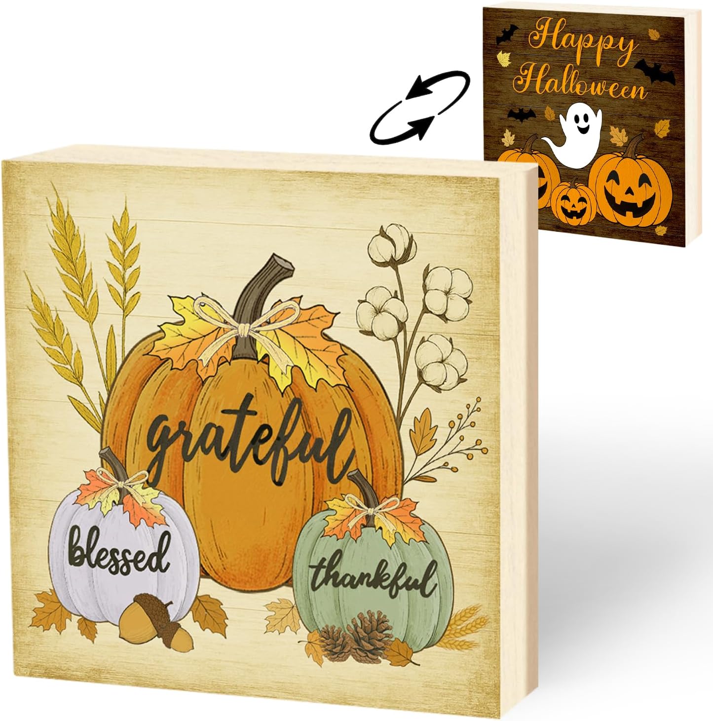 Fall Decor, Reversible Wooden Pumpkin Halloween Thanksgiving Tabletop Sign | Fall Decorations for Home, Rustic Farmhouse Table Decor for Tiered Tray, Shelf, Mantel, Halloween & Thanksgiving Gift