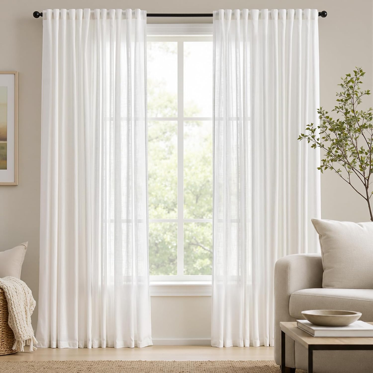 jinchan White Sheer Curtains 84 Inches Long 2 Panels Set Light Filtering Window Drapes for Bedroom Living Room Soft Textured Semi Sheer Privacy Curtains with Back Tab & Rod Pocket