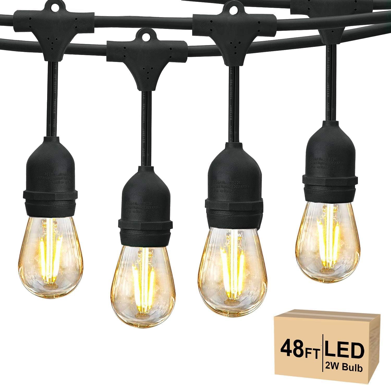 Svater 48 FT Outdoor String Lights 2W, Commercial Grade Patio Light with 15 pc Edison Shatterproof Bulbs, IP65 Waterproof LED Hanging Lighting for Bistro Cafe Market Outside Backyard, Warm White 2700K | Outside Patio Light with Shatterproof Antique Edison E26 LED Bulbs, Connectable Hanging Strand for Bistro Cafe Market 2700K