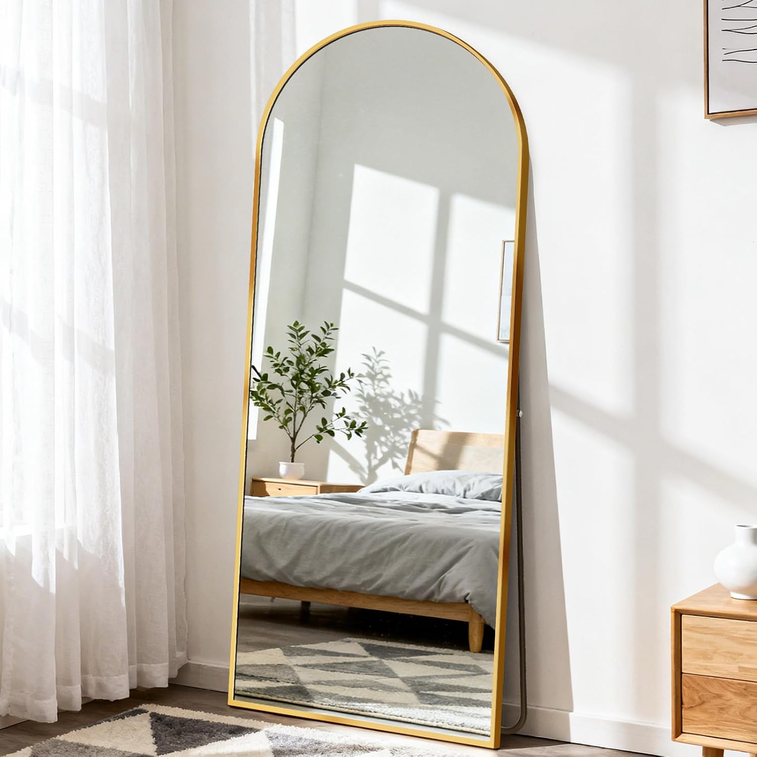 DUMOS 64″x21″ Arched Full Length Floor Mirror, Full Body Mirror with Stand, Shatterproof Tempered Glass, Modern Aluminum Alloy Frame, Free Standing or Leaning for Home Decor, Gold