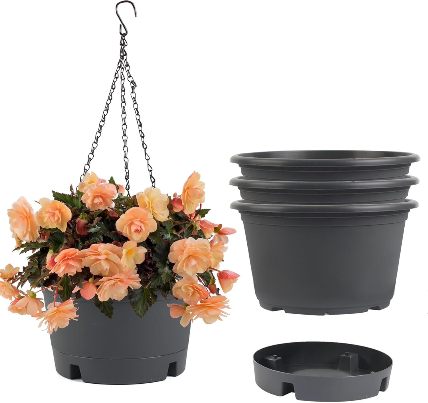 4 Pack 10 inch Baskets for Plants Outdoor with Removable Tray & 15.7″ Chain | Hanging Planters for Indoor Plants, Round Plastic Hanging Flower Pots for Home Garden Porch Balcony Patio Decor (Grey)