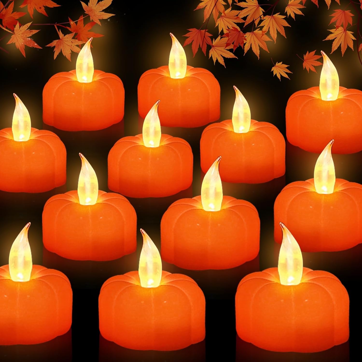 Fall Decorations for Home Pumpkin Tea Lights, 12 Pack LED Orange Pumpkin Lights Flame Less Candles Battery Operated Flickering Tealights Candles Thanksgiving Halloween Pumpkin Decor Home Indoor Party