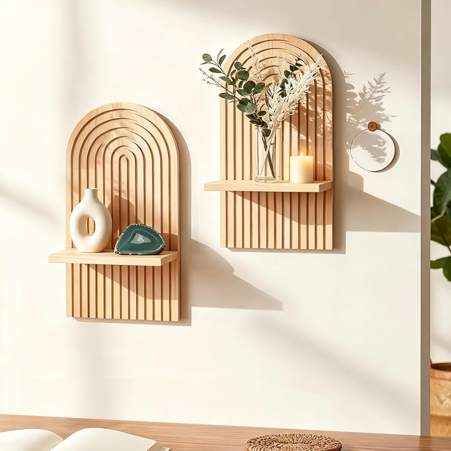 LIYAOLI Boho Plant Wall Shelf Set of 2, Wooden Floating Shelves for Decor | Bohemian wall decor shelf adds aesthetic charm to bedrooms, living rooms and apartments, perfect for plants,candle