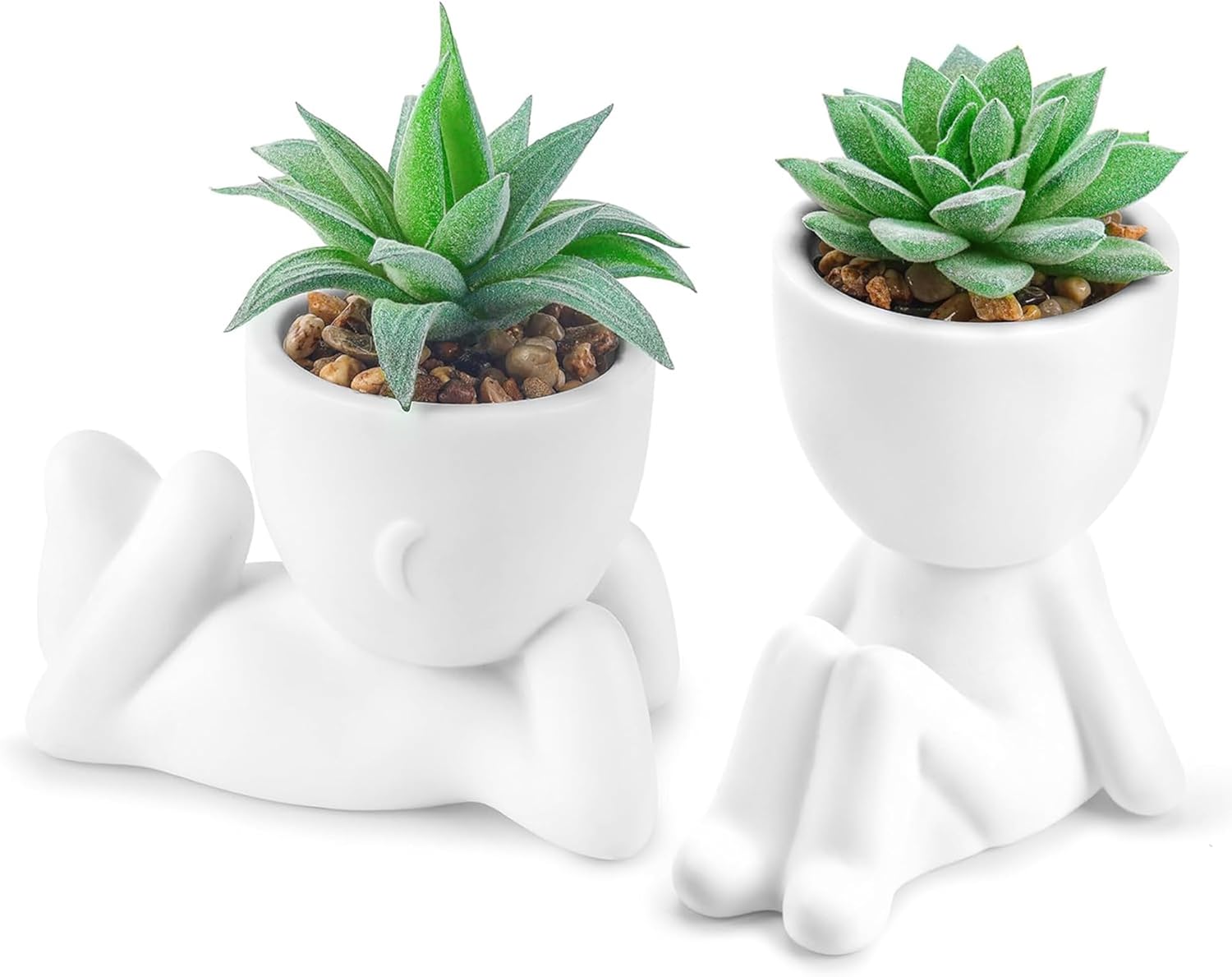 Der Rose 2 Pack Fake Plants in White Pots with Face Decals for Desk Decor | Customizable face stickers, playful sculptural planters,suitable for office desk bathroom shelf bedroom decor