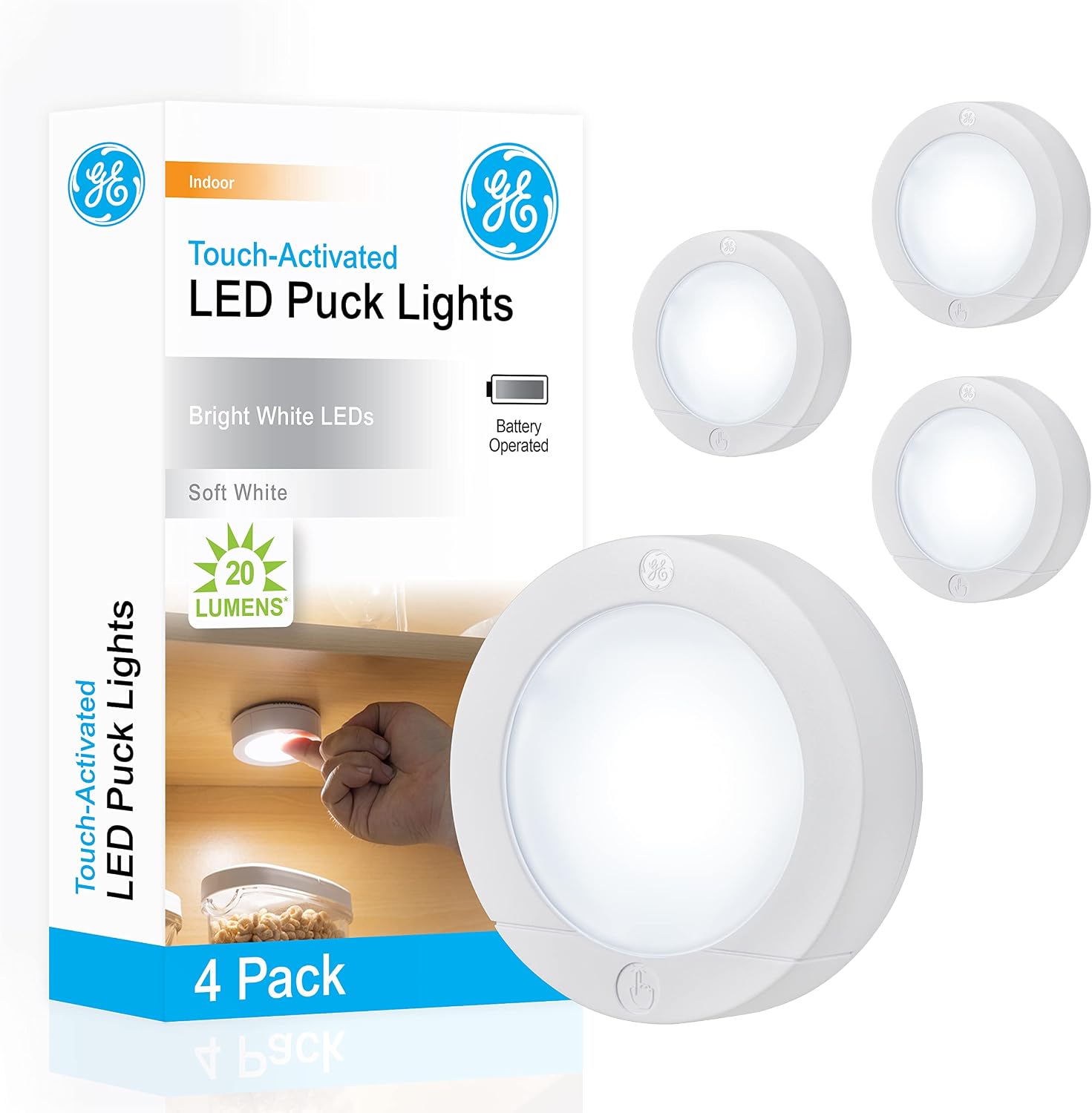 GE Battery Powered Puck Lights, Touch On/Off, 20 Lumens, 4 Pack | Under Cabinet Lights for Kitchen, Closet, and Pantry, AAA Battery Operated, Wireless Installation