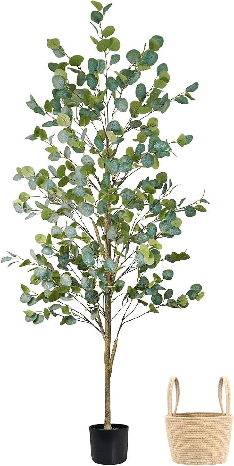 Caxchiling Faux Eucalyptus Tree 6FT, Artificial Potted Tree for Indoor Outdoor, Fake Floor Plants with Natural Wood Trunk, Home Office Living Room Bedroom Decor