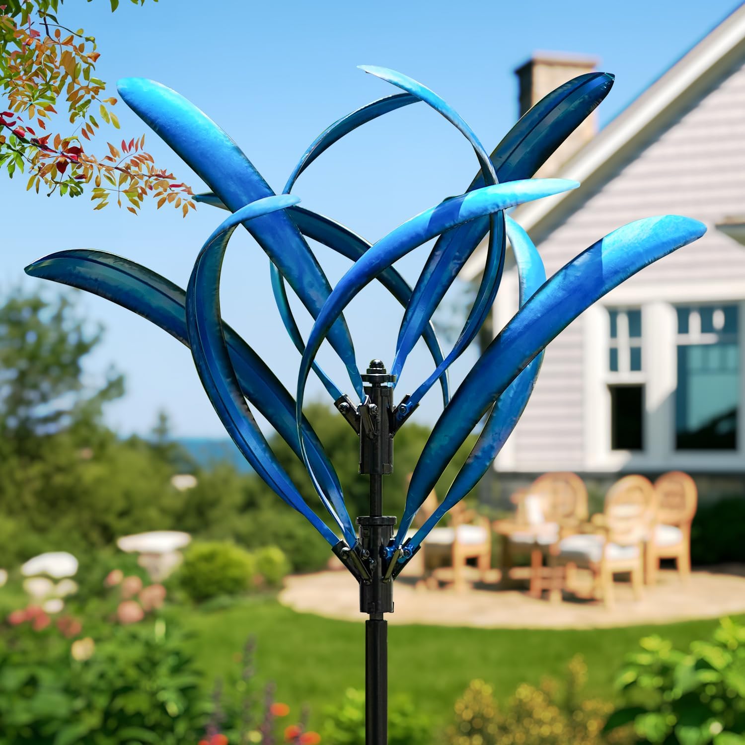 LimeHill Wind Spinner for Yard and Garden – Large Metal Kinetic Wind Sculptures for Outdoor Decorations (Blue Magnolia)