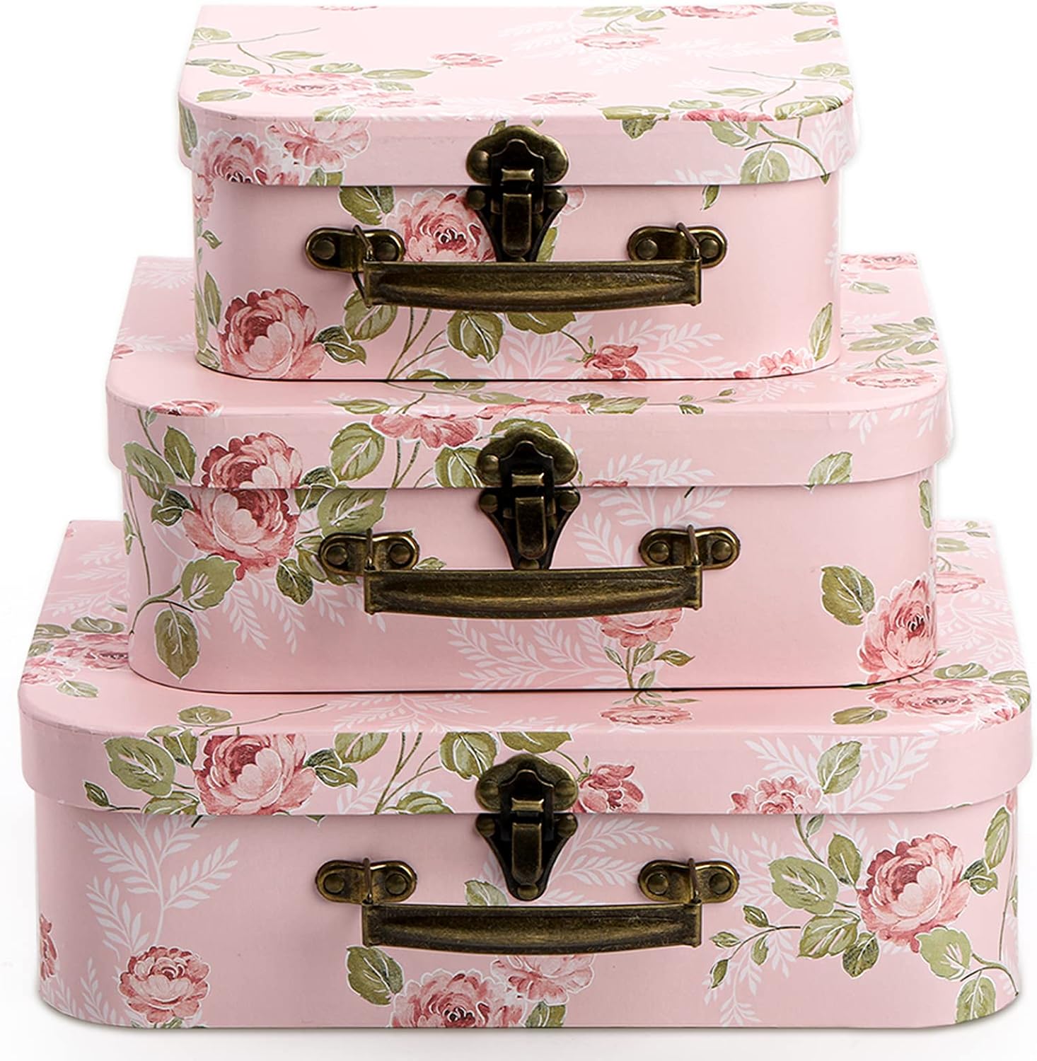 Fasmov 3 Pack Paperboard Suitcases Storage Box Decorative Storage Boxes Gift Boxes With Lids for Photo Storage Home Decoration, Wedding, Birthday, Anniversary, Pink