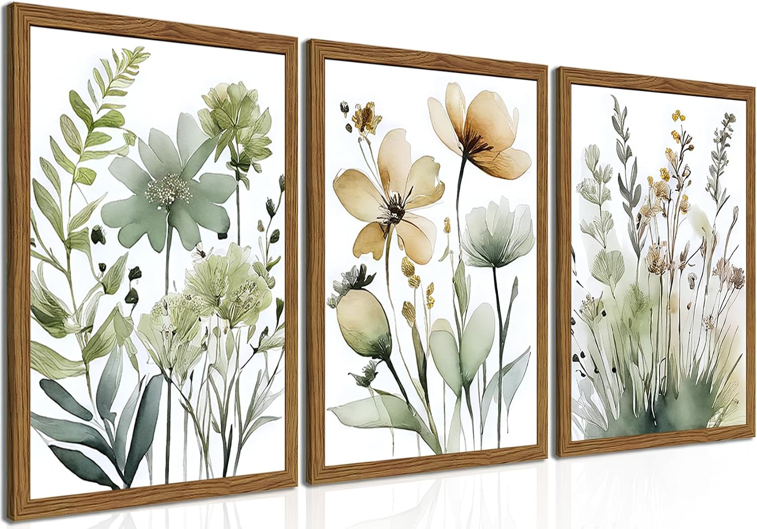 Wood Framed Sage Green Botanical Wall Art Set of 3, Boho Floral Canvas Wall Decor Paintings, Minimalist Flower Posters Prints Pictures for Bedroom Bathroom Living Room Home Decor 12×16 Inch
