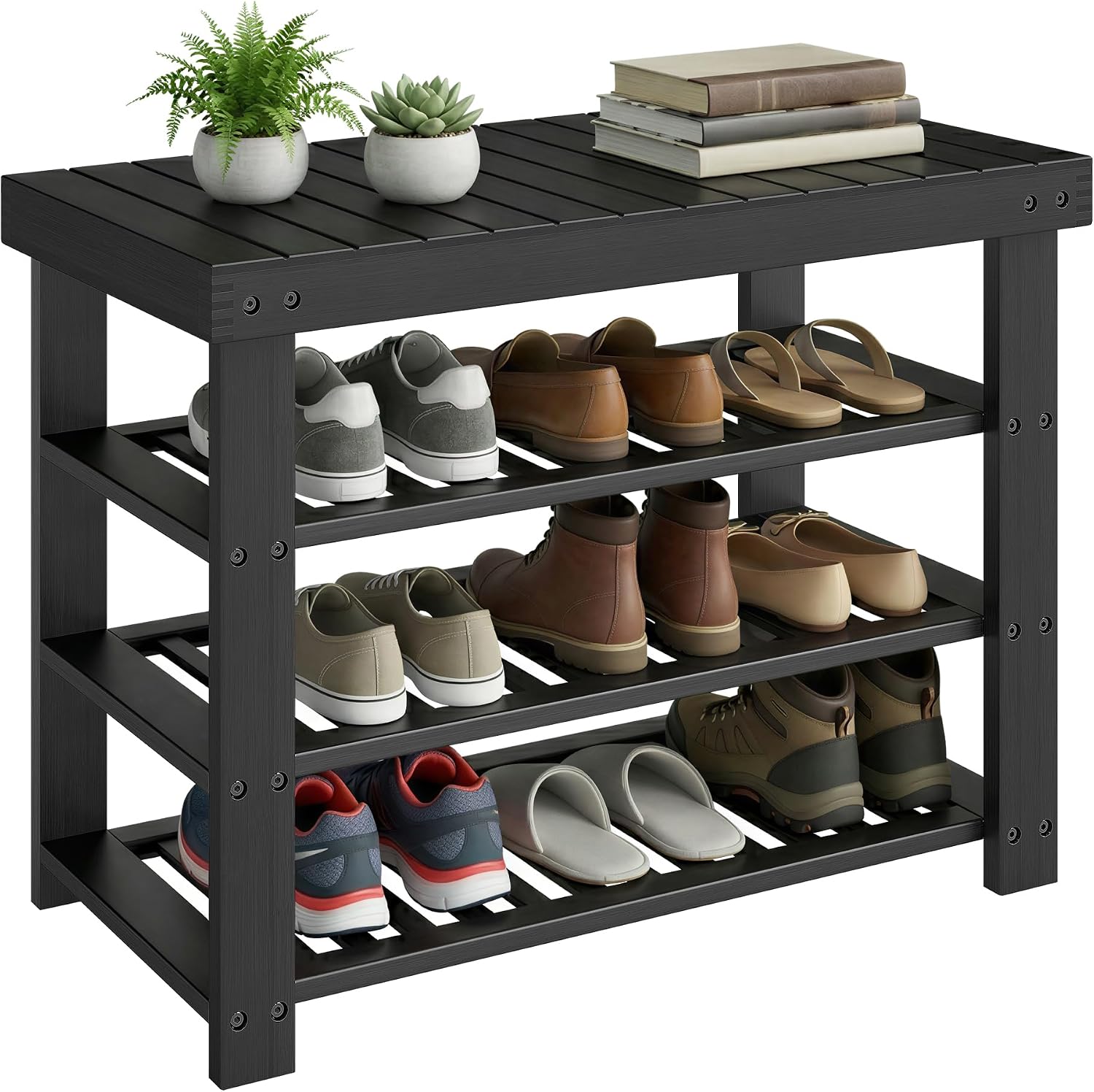 SONGMICS Shoe Rack Bench, 4 Tier Bamboo Shoe Storage Organizer, Entryway Bench, for Living Room, Bathroom, Bedroom, 11.3 x 27.6 x 20.5 Inches, Ink Black ULBS370BH01