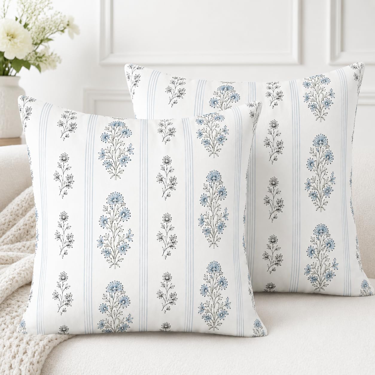 2-Pack 18×18 Linen Printed Pillow Cover Modern Farmhouse Couch Decor | White Floral Textured Case with Hidden Zipper, Washable, Breathable & Durable, Comfy Accent for Sofa or Bedroom