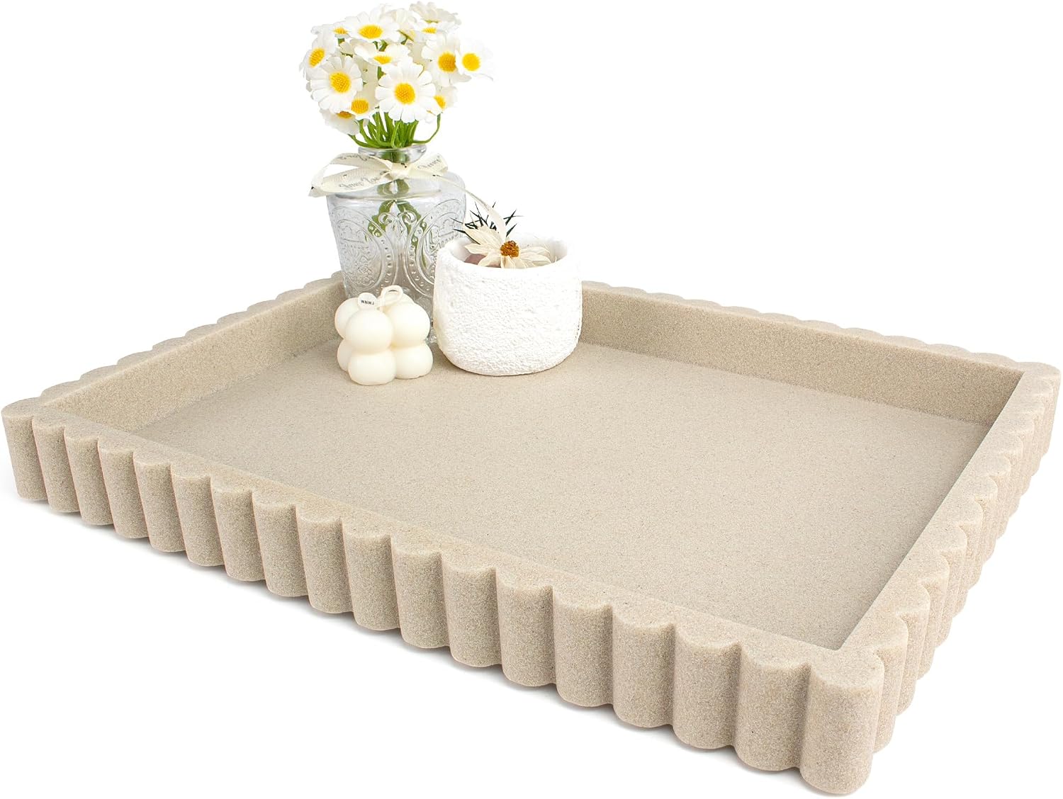 YMXYJM Decorative Tray for Coffee Table, Modern Tray Decor, 14″ Beige Resin | Scalloped Coffee Table Tray for Home Decor. Large Rectangle Tray Decor for Entryway, Living Room, Coffee Table Centerpiece