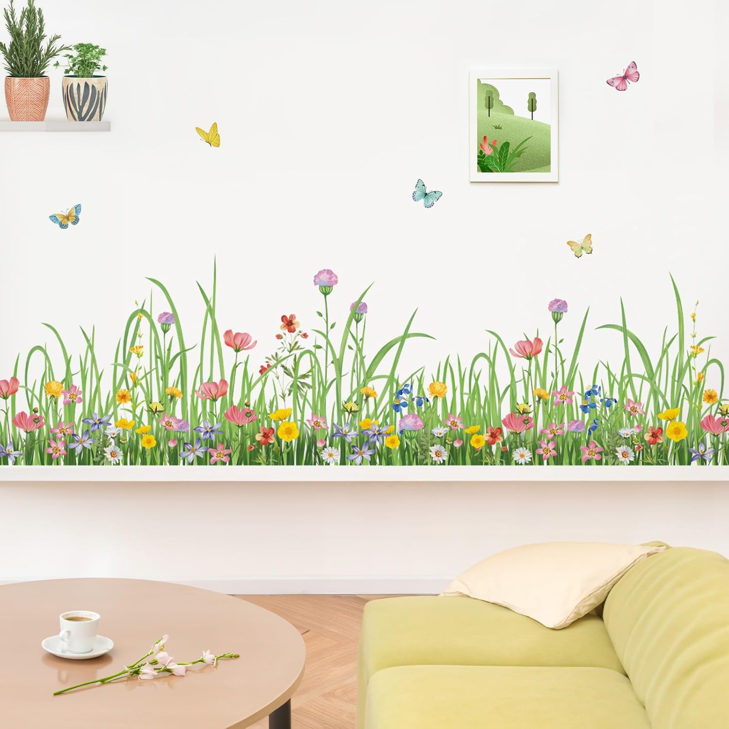 wondever Green Grass Floral Wall Corner Stickers Wildflower Butterflies Baseboard Skirting Line Wall Decals for Living Room Bedroom Dining Room (W:62 inches)