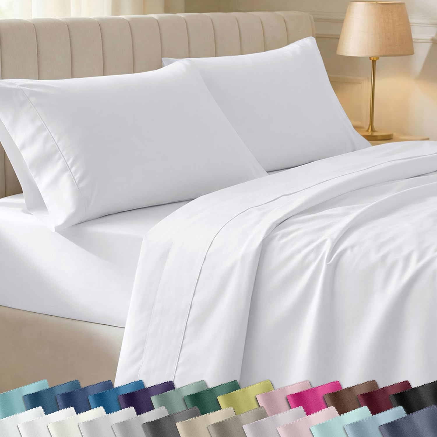 California Design Den Soft 100% Cotton Sateen Queen Bed Sheets Set, White | 400 Thread Count Backed by Good Housekeeping Seal, 16″ Deep Pocket, All-Around Elastic, Durable, Easy Care