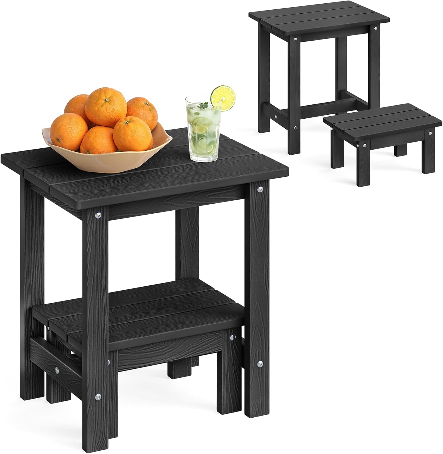 LUE BONA Outdoor Side Table, 2-Tier Nesting HDPS Patio Side Table,Black | Small Outdoor End Table with Removable Foot Stool, Fits Adirondack Chair, Weather Resistant HDPS, Easy Clean, for Deck, Pool