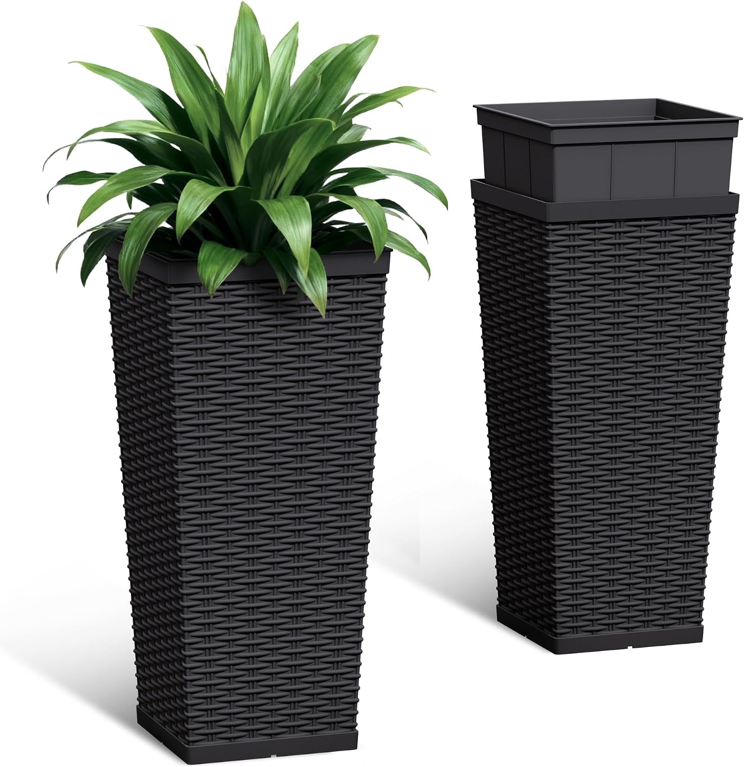 24 Inch Tall Plastic Planters (Set of 2), Detachable Inner Pot & Drainage Holes, Outdoor Decorative Flower Pots for Large Plants, Trees, Patio, and Garden, Black