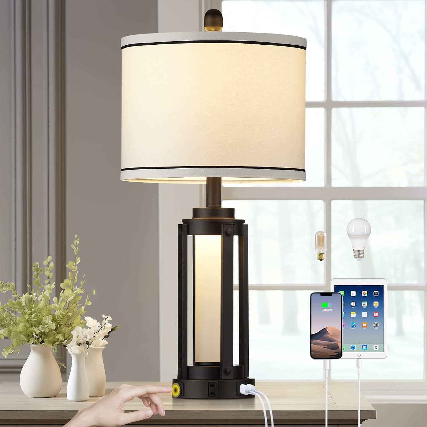 26″ Modern Table Lamp with USB A+C Charging Ports & AC Outlet, Industrial Beside Contemporary Lamp Glass LED Night Light for Living Room Bedroom Nightstand End Table Single Black(2 Bulbs Included)