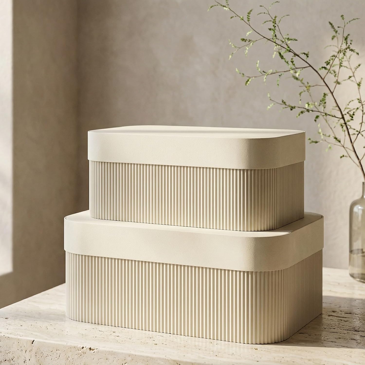 ZICOTO Decorative Storage Boxes with Lids – Set of 2 Beautiful Fluted Photo Organizer Bins for Your Home Bookshelf Decor to Safely Store Your Documents, Memory Box Items and Other Keepsakes in Style