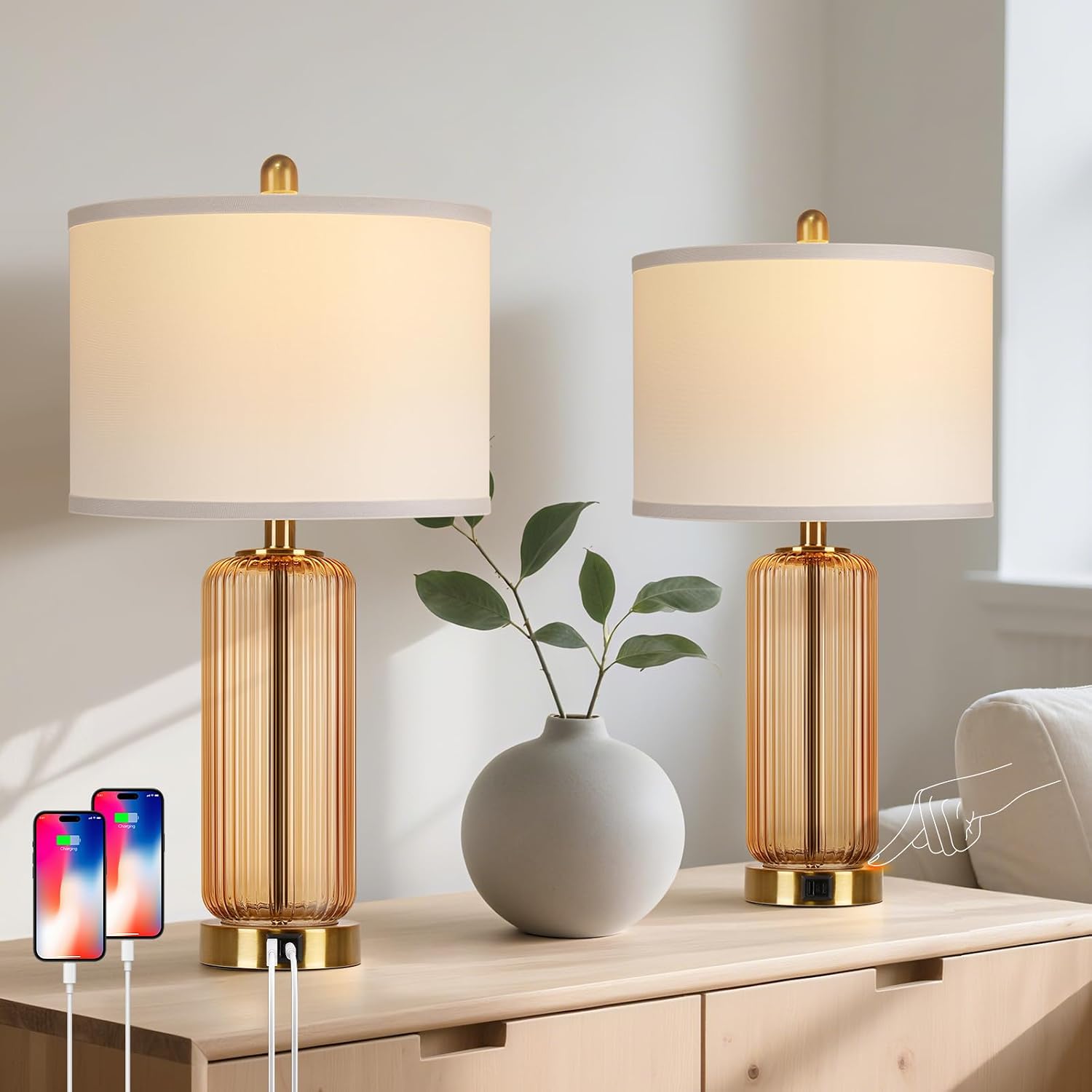 WIHTU 27″ Brown Glass Table Lamp Set of 2, Touch Beside Lamps, Dimmable | Vertical Grained Lamp Body, Large Nightstand Lamp, 3 Way Dimmable,LED Bulbs Included, Glass Lamps for Bedroom Living Room