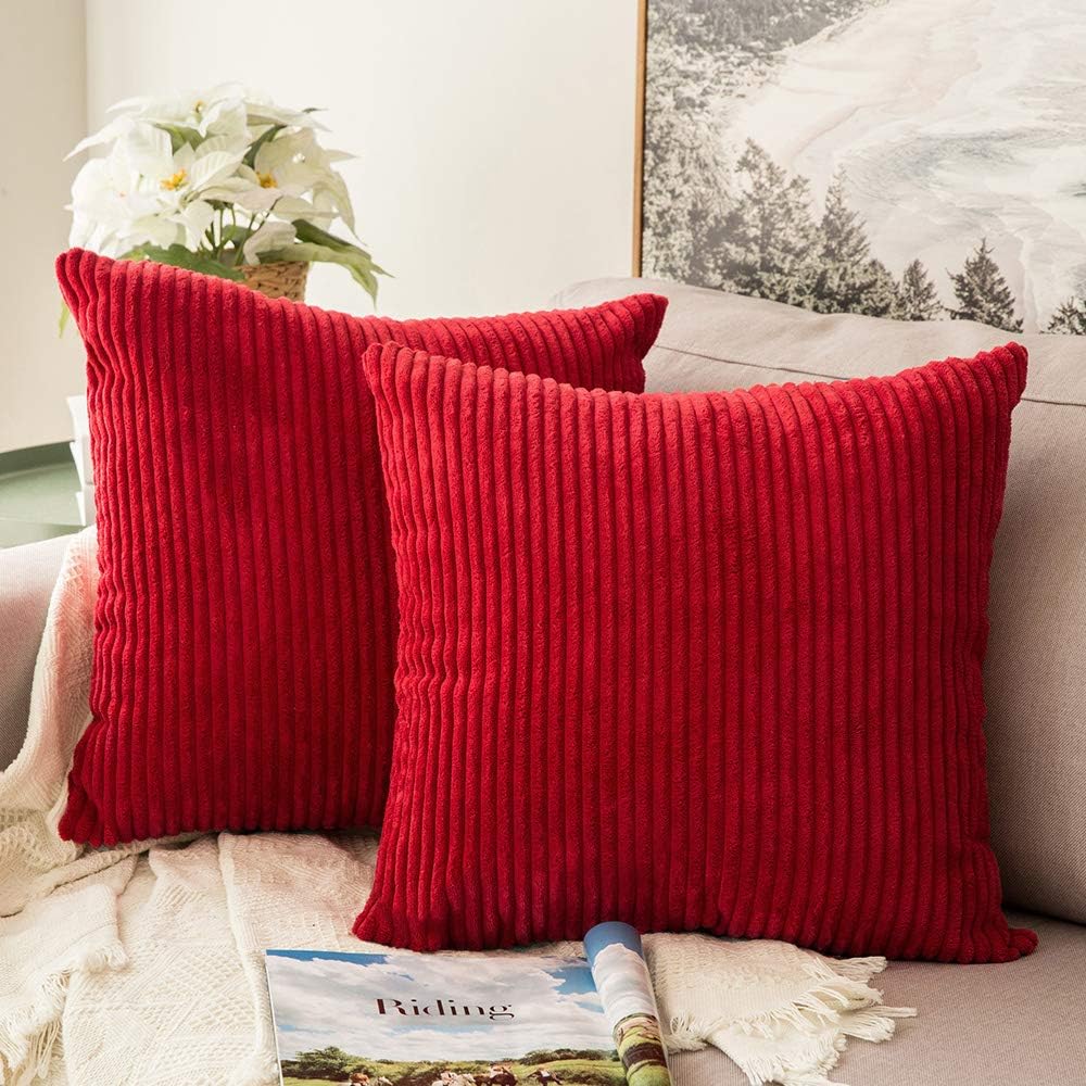 MIULEE Soft Corduroy Throw Pillow Covers Set of 2 18×18 Christmas Red | Decorative Striped Textured Cushion Cases, Boho Energetic Vibe Pillowcases, Home Decor for Couch Chair Sofa Bed Living Room
