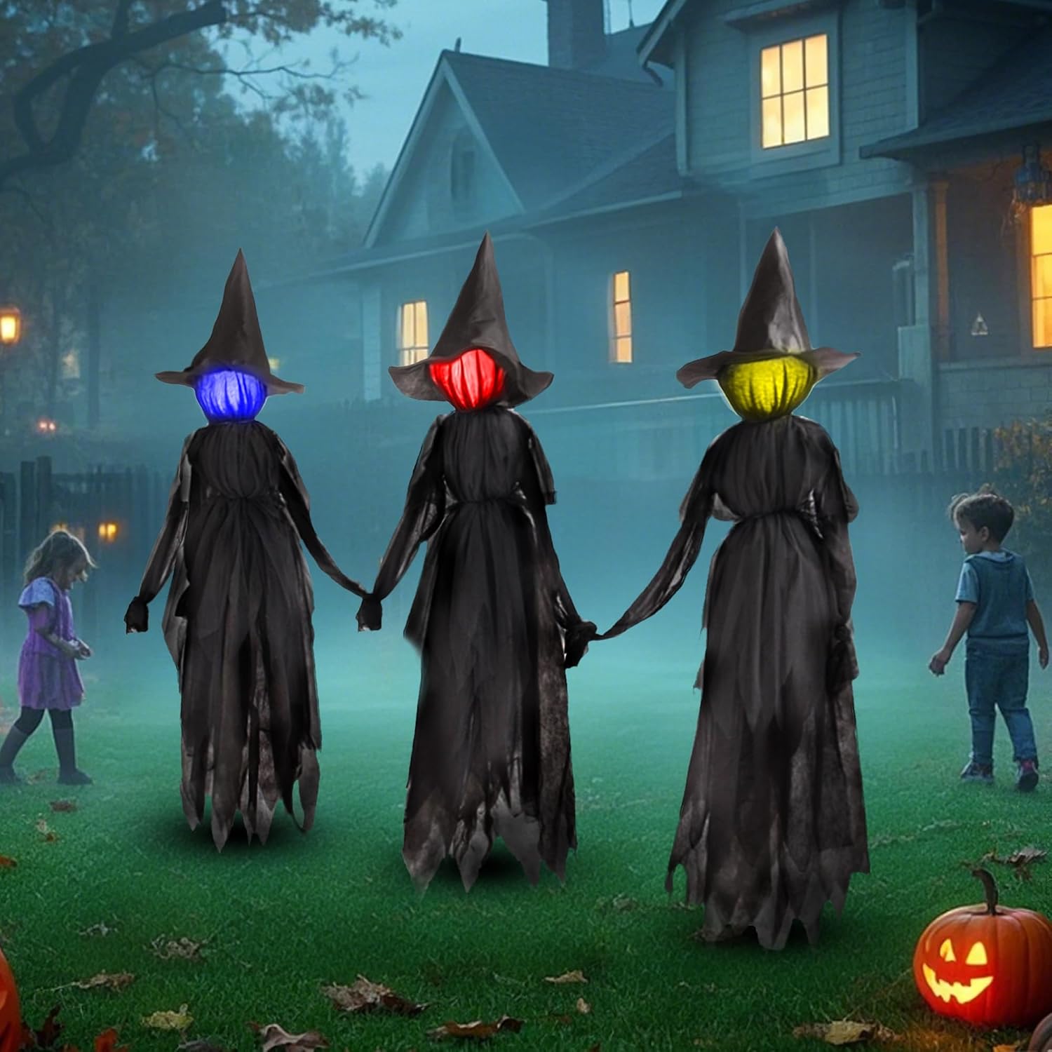 DR.DUDU 6 FT Light up Witch Stakes Halloween Yard Decorations, Set of 3 | Multiple Colors LED Lights, Scary Witches, Haunted House Props, Halloween Outdoor Garden Lawn Party Decor
