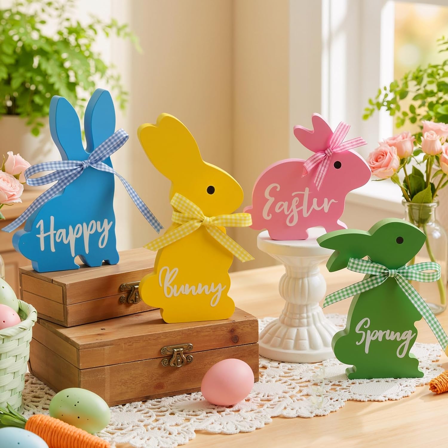 Olanrun Easter Decor, 4 Pcs Bunny Spring Easter Decorations for Home Office Table, 5~6.4 Inches Wood Rabbit Easter Decorations Sign with Ribbons for Tiered Tray Mantel Shelf, Farmhouse Party Supplies