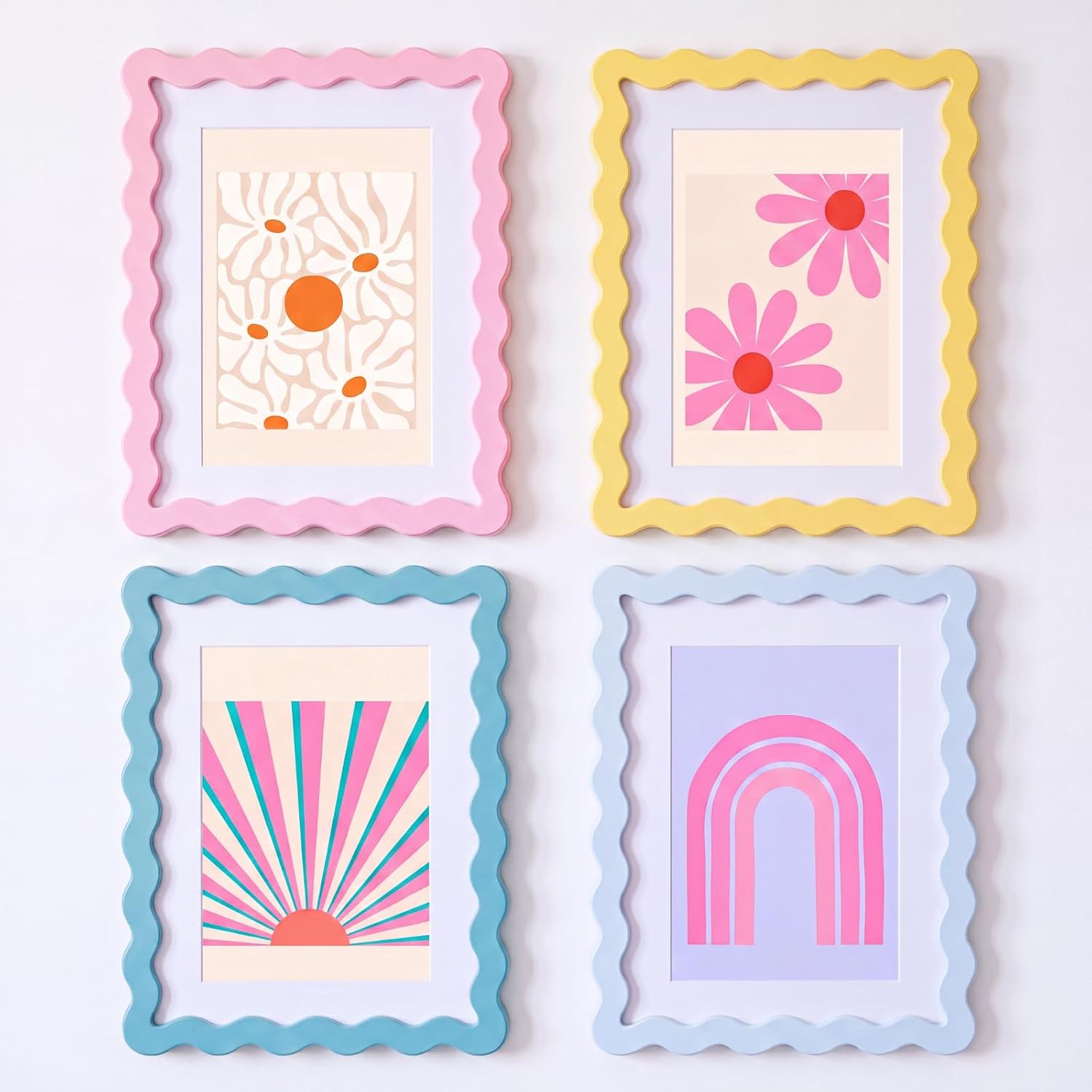 Novabright 4 Set 8×10 Colorful Scalloped Picture Frame Maximalist Decorative Picture Frame with Glass Front Wavy Trim Art Table Wall Hanging Whimsical Home Decor Gift (Pastel)