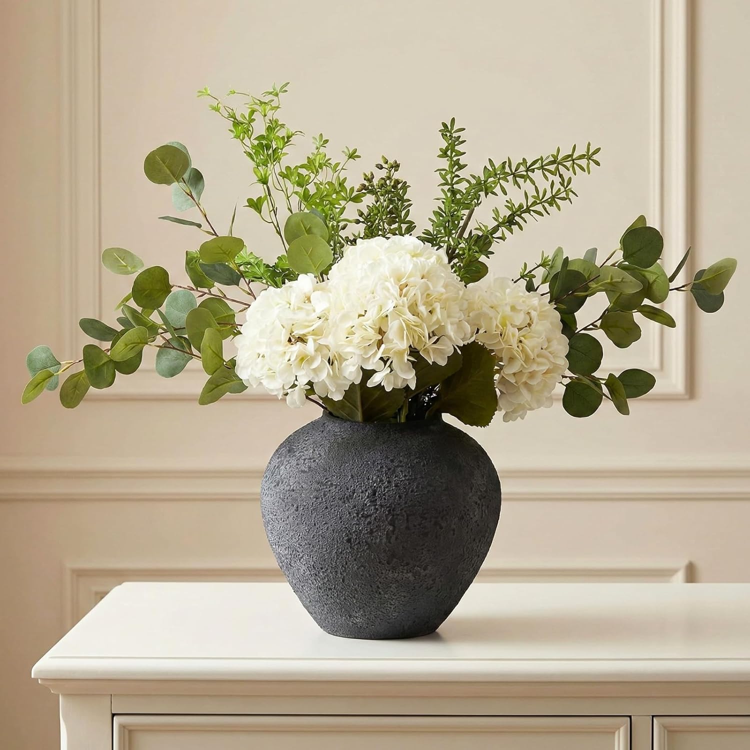 Faux Arrangement – Eucalyptus & White Hydrangea Flowers, Large Artificial Floral Greenery Centerpieces for Tables, Modern Farmhouse Decor for Dining Room, Kitchen & Coffee Table, 30 inches Tall