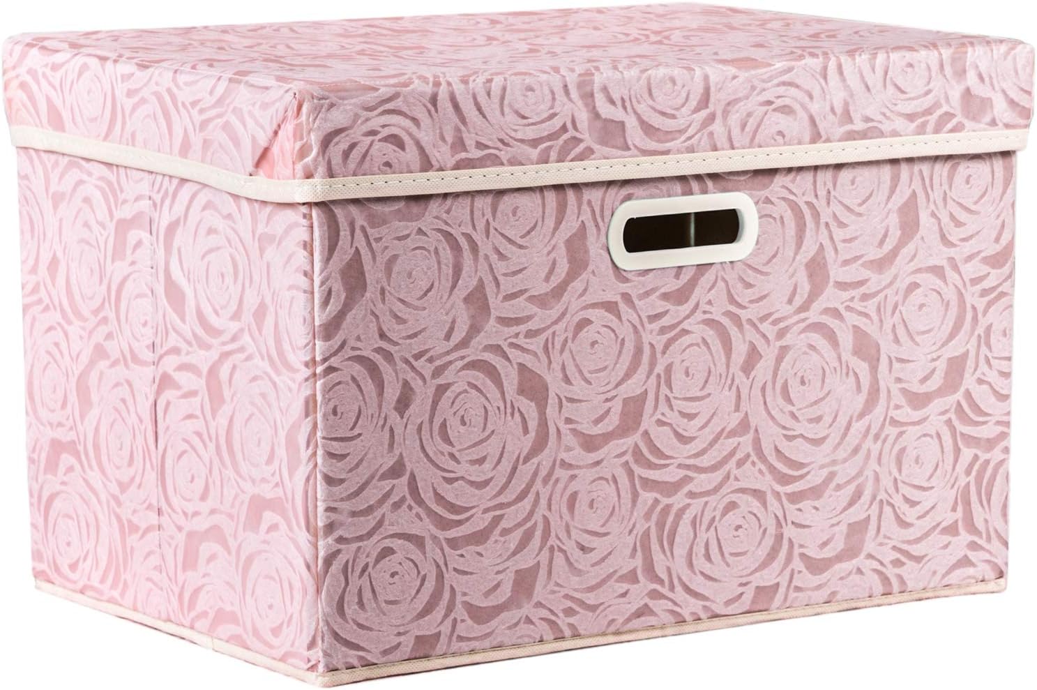 Larger Collapsible Storage Bin with Lid [1-Pack] Fabric Decorative Storage Box Cube Organizer Container Baskes with Handles Divider for Bedroom Closet Living Room Pink 17.7×11.8×11.8 Inch
