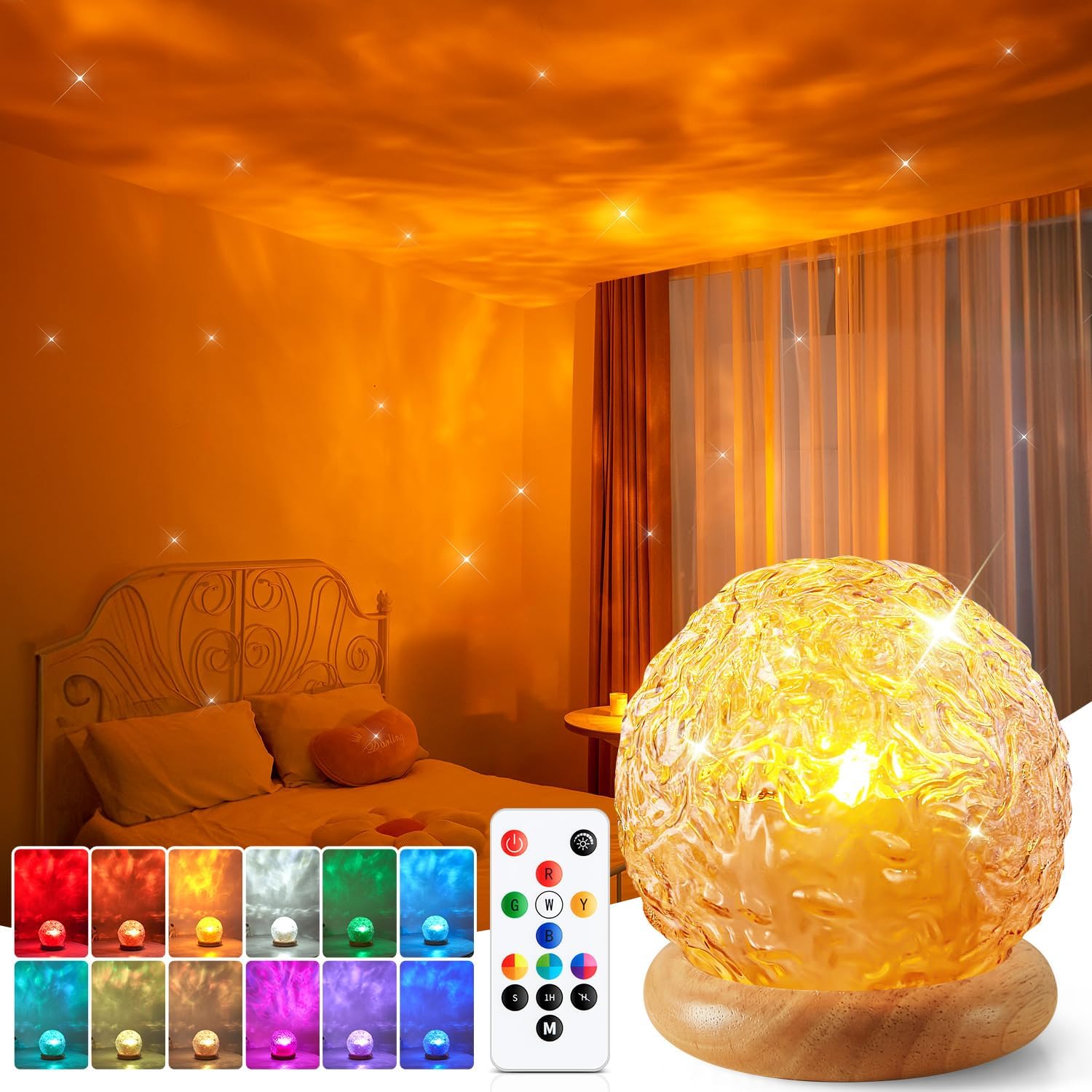 Ambient Lighting, 16 Colors Led Lights for Bedroom, Gift Ideas, Room Decor | 3-in-1 Sunset/Ocean/Northern Patterns, Remote, 6 Brightness, 1 Hr Timer, Made of Glass & Wood, for Bedroom, Bathroom, Dorm