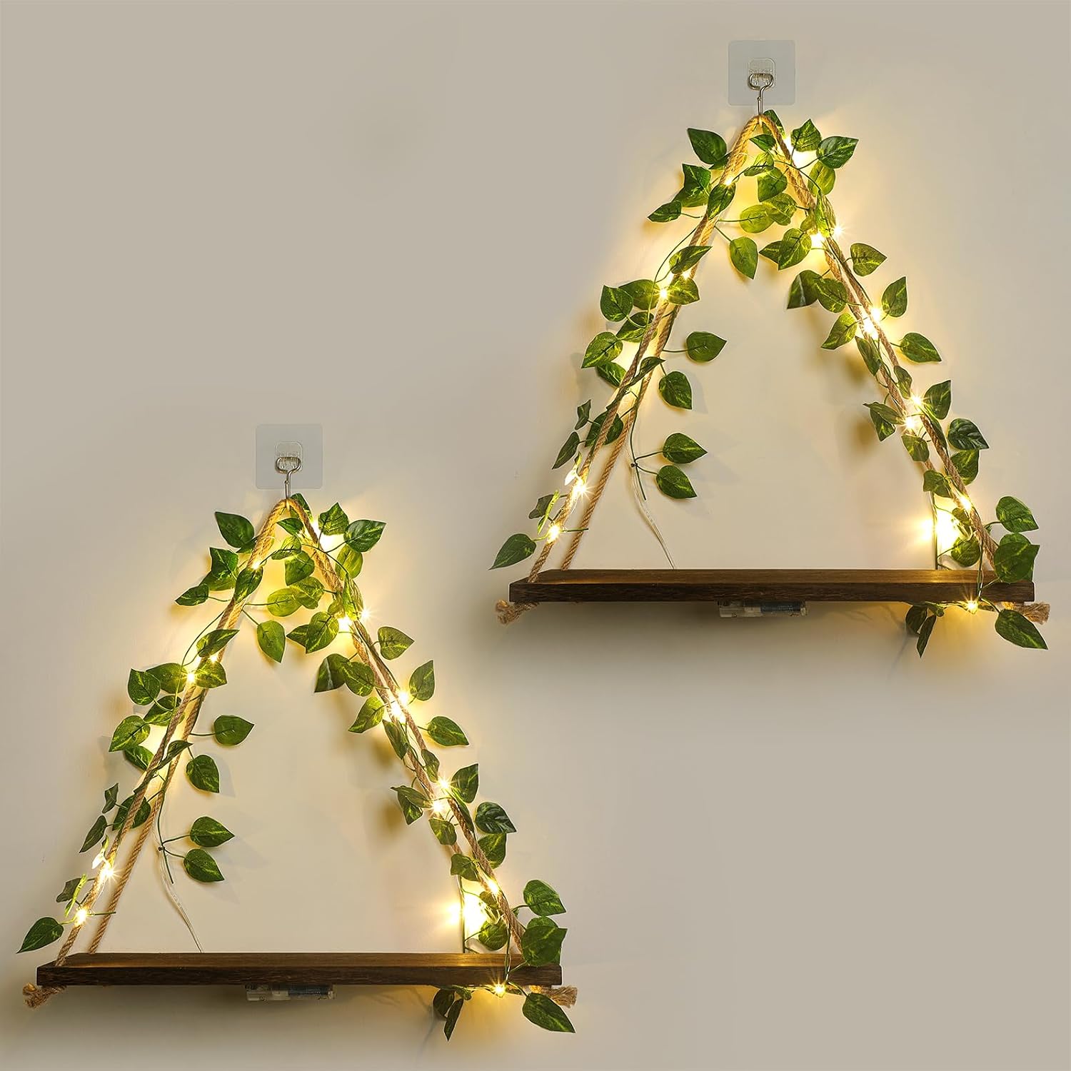 Wall Shelves, Floating Shelves No Drill, Command Shelf, Wall Decor | 2-Pack Hanging Shelves,Renter Friendly Shelves,Trinket Shelf,Room Decor,Comes with Artificial Ivy Vines and LED Strip Lights