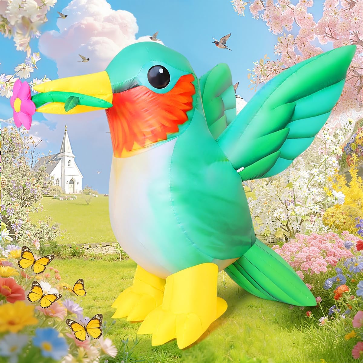 COMIN 5 FT Inflatables Hummingbird Gifts with Flower Outdoor Decorations Blow Up Yard with Built-in LEDs for Indoor Party Garden Lawn Decor