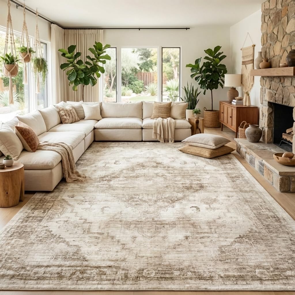 Garvee Beige 8×10 Area Rugs for Living Room, Boho Vintage Non-Slip Washable Rug Low Pile Stain Resistant Soft Foldable Large Carpet for Bedroom Dining Home Decor
