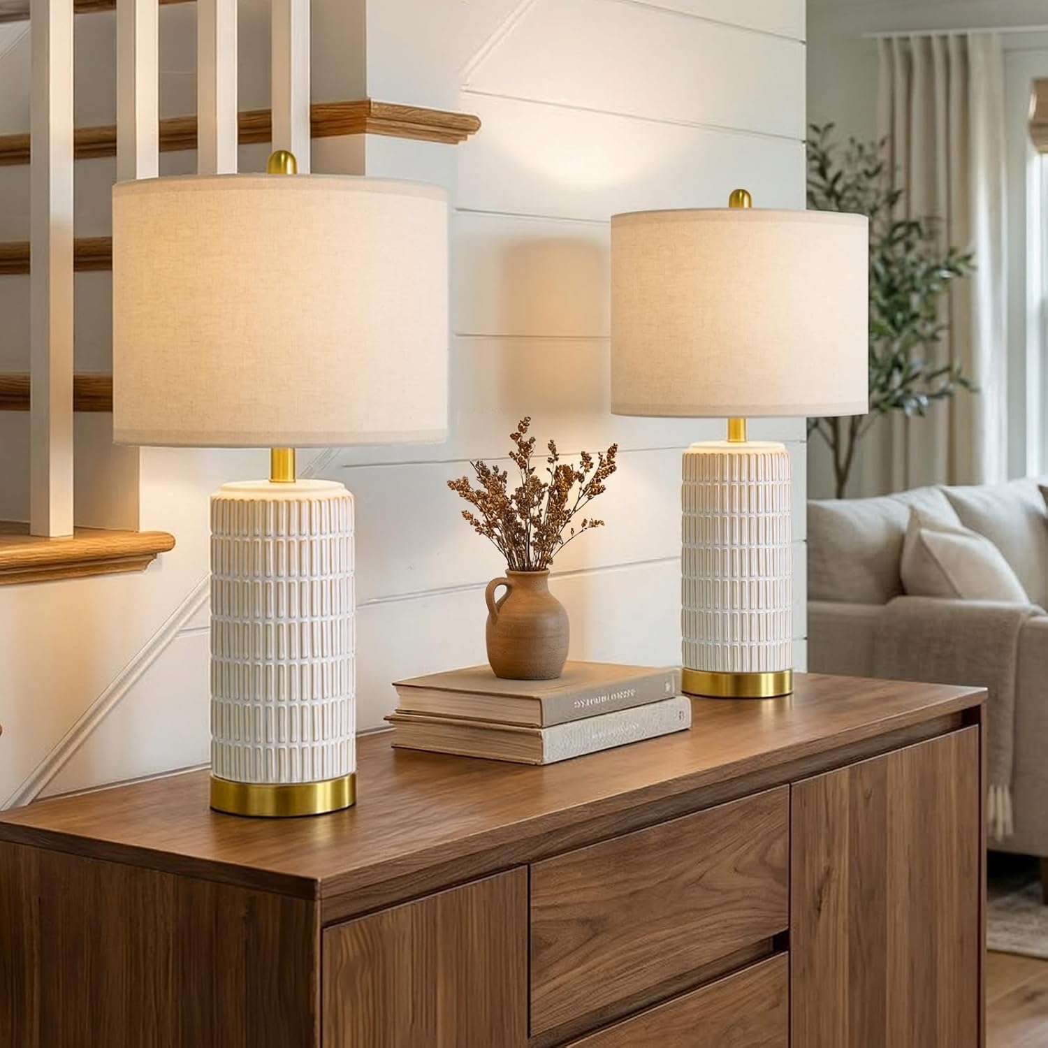 PoKat Small Bedside Table Lamps Set of 2 for Bedroom Living Room, 21.5” Modern Ceramic Nightstand Lamps with Gold Base, Farmhouse Table Lamps for Office End Side Table Console, White and Beige