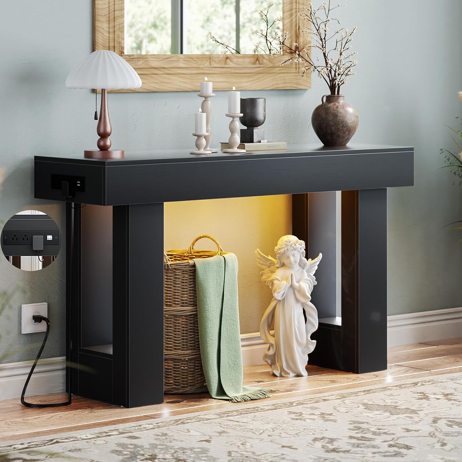 Unikito 47″ Entryway Table with Socket and Sensor Light, Narrow Console Table with Storage Behind Couch, Farmhouse Entry Way Tables with Open Storage for Entrance/Hallway/Living Room, Black