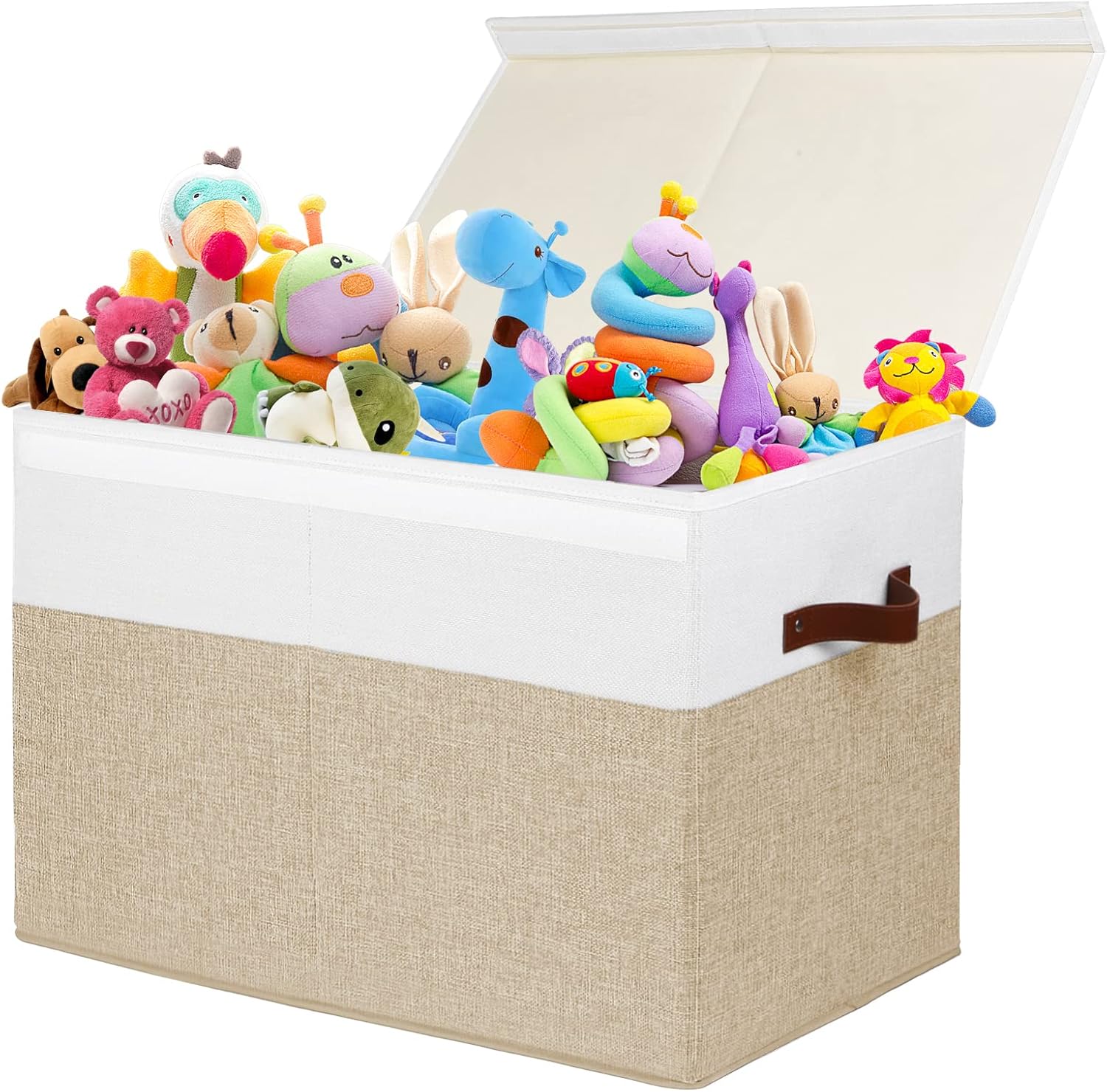 Large Toy Storage Box with Lid, Toy Chest Bin Boxes Basket with Dividers | Sturdy Toy Organizer Bin for Kids, Boys, Girls, Nursery, Living Room, Bedroom, Playroom 25″x13″ x16″ (Beige and White)