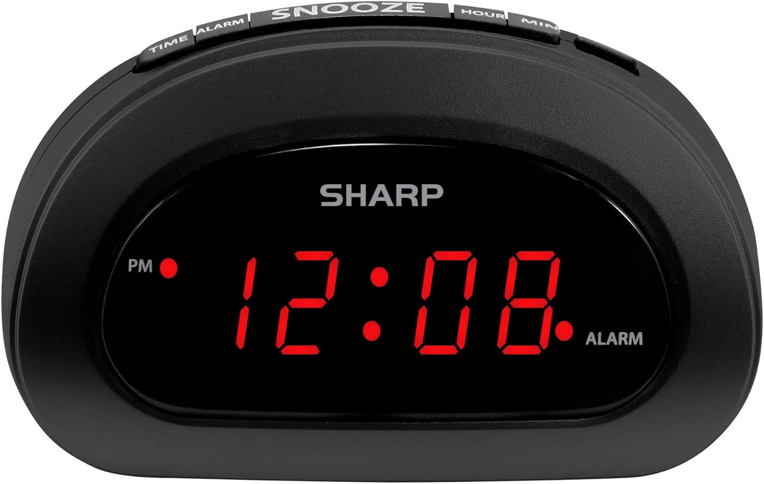 Sharp Small Digital Alarm Clock, Red LED, Snooze, 9V Battery Backup, Black | 0.6-inch easy-read digits, large top buttons, AC powered, settings memory, space-saving size, bedroom, dorm, office, travel