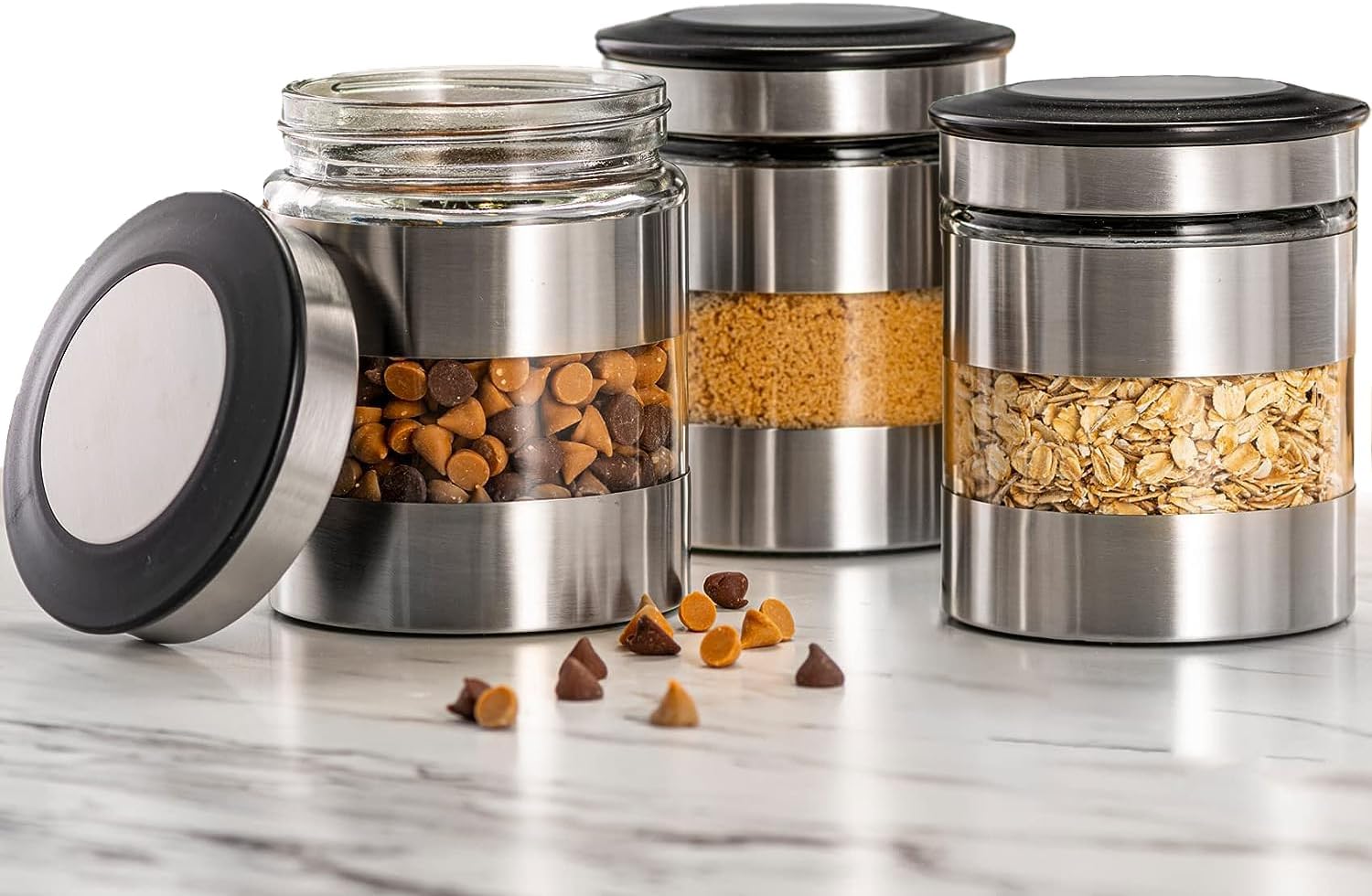 Le’raze Quality Stainless Steel Canister Set of 3 for Kitchen Counter with Glass Window & Airtight Lid – Food Storage Containers with Lids Airtight – Pantry Storage and Organization Set