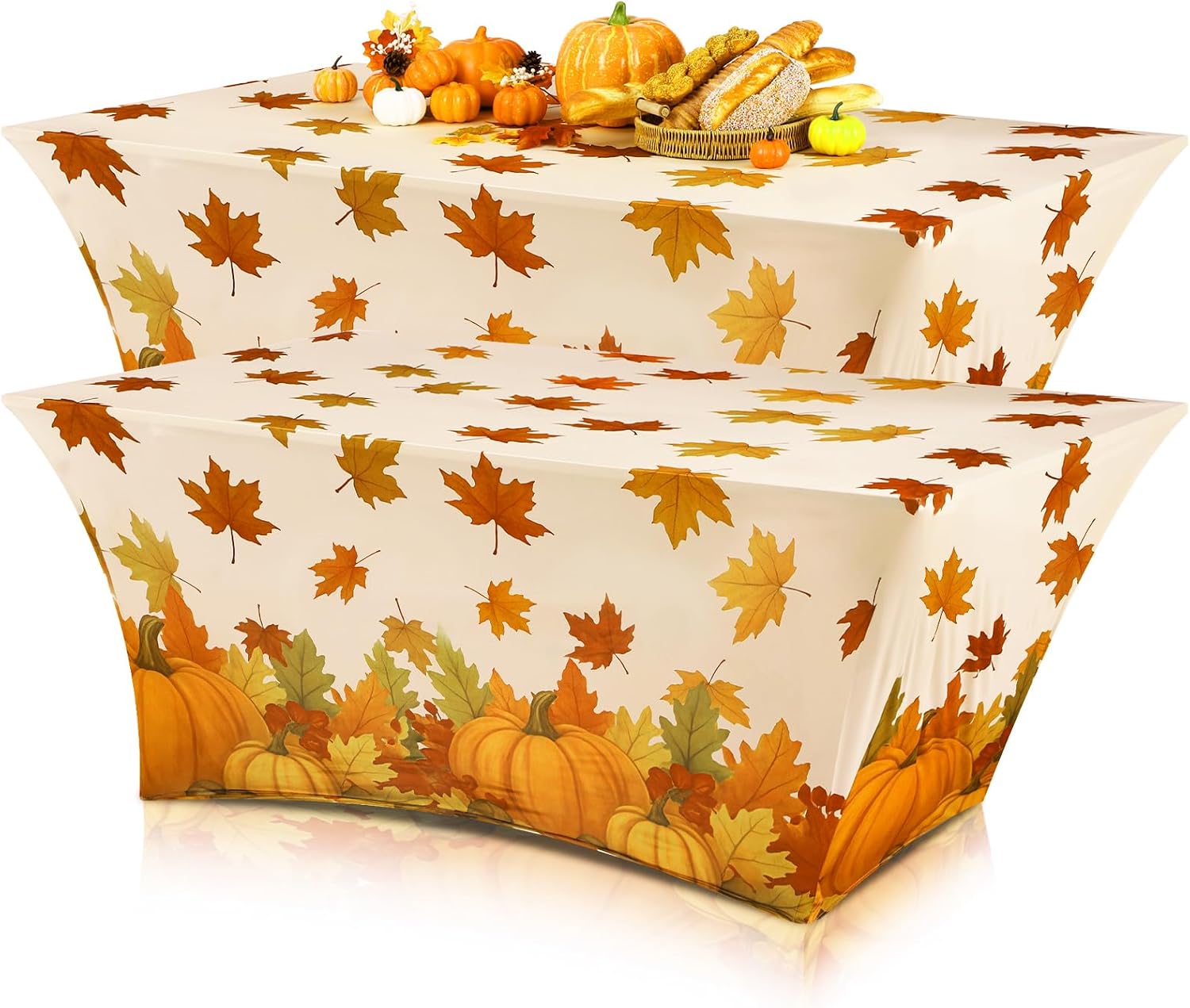 Oudain 2 Pcs Fall Stretch Table Cover 6 Feet Pumpkin Spandex Table Clothes Autumn Maple Leaf Acorn Party Decorations for Holiday Fall Thanksgiving Party Celebration Picnic Dinner Decor